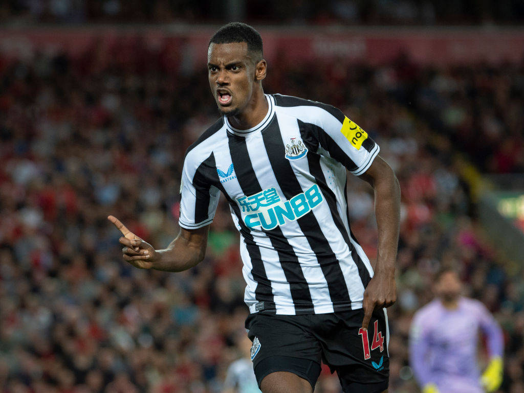 Alexander Isak, black and white striped jersey, stadium pitch, SD Desktop Wallpaper