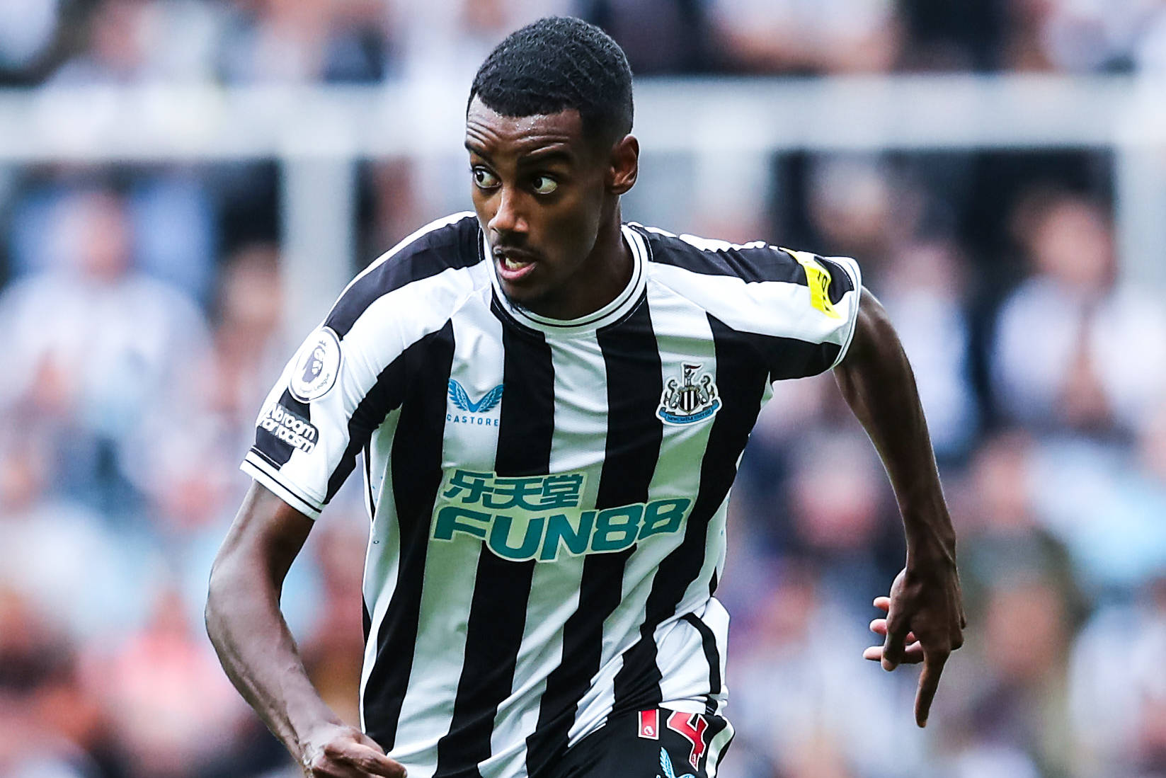 Alexander Isak, black and white striped jersey, sunlit stadium pitch, HD Desktop Wallpaper