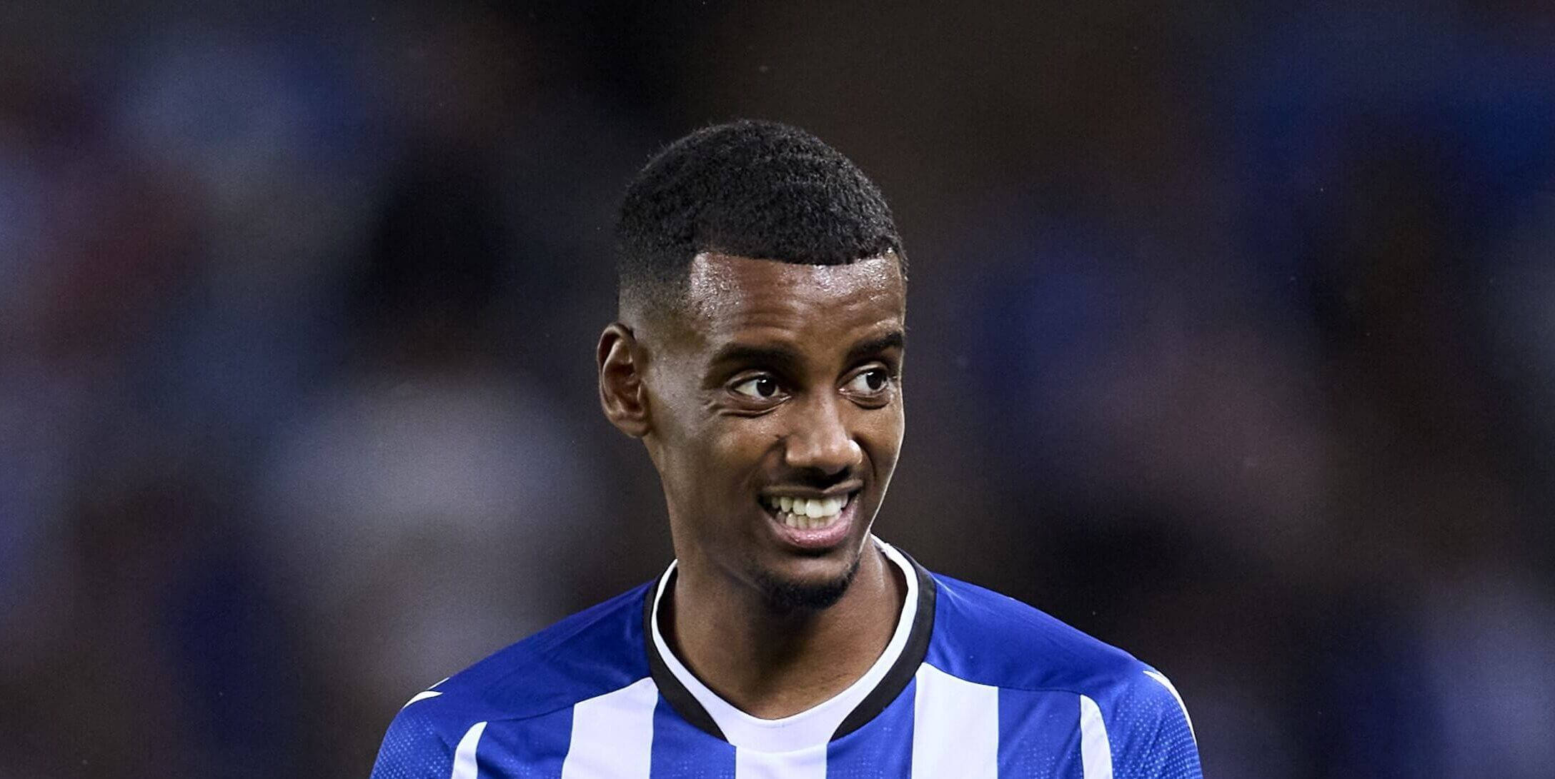 Alexander Isak, blue and white striped jersey, smiling, Full HD Desktop Wallpaper