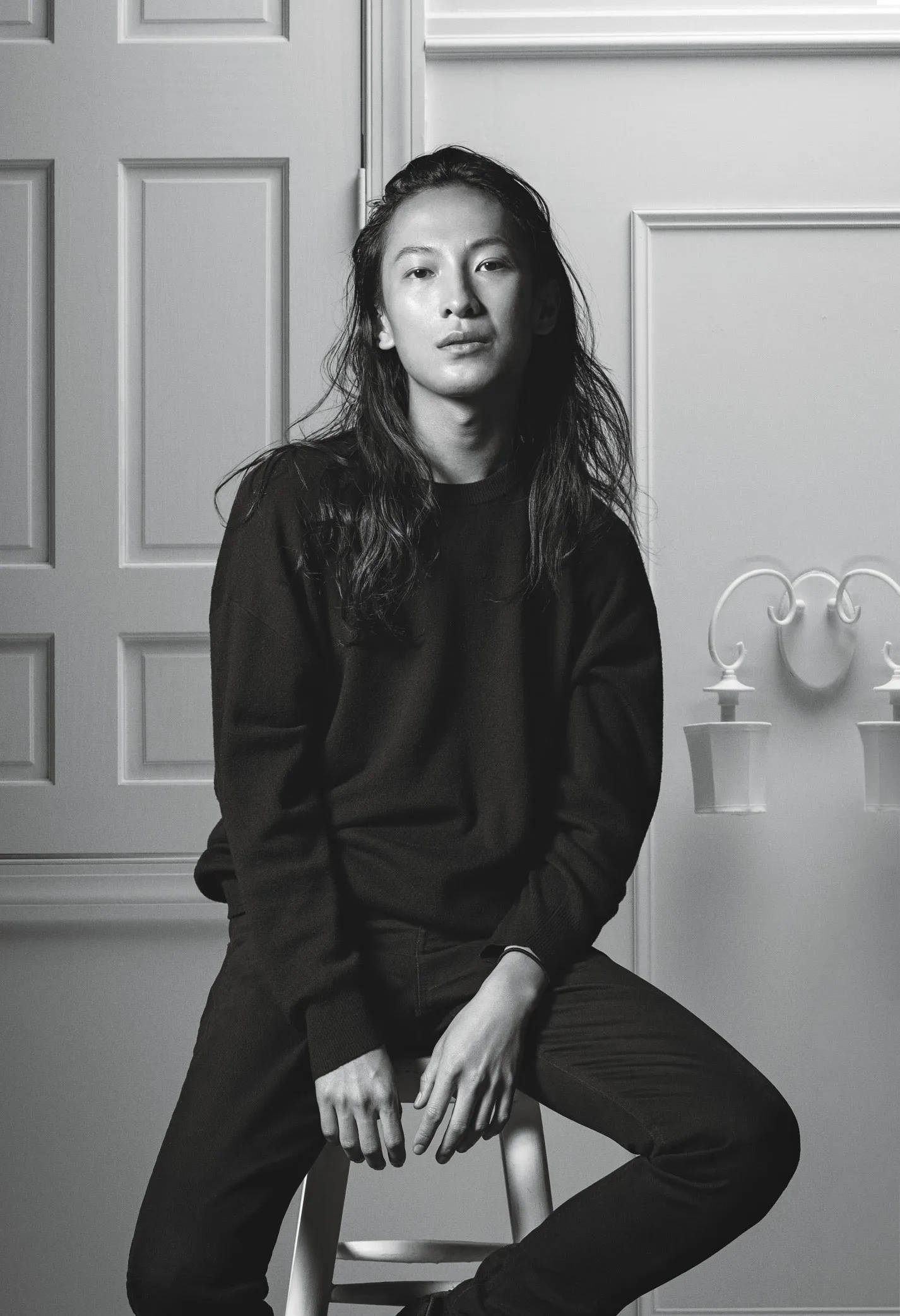 Alexander Wang, stool chair, paneled wall, Full HD Phone Wallpaper