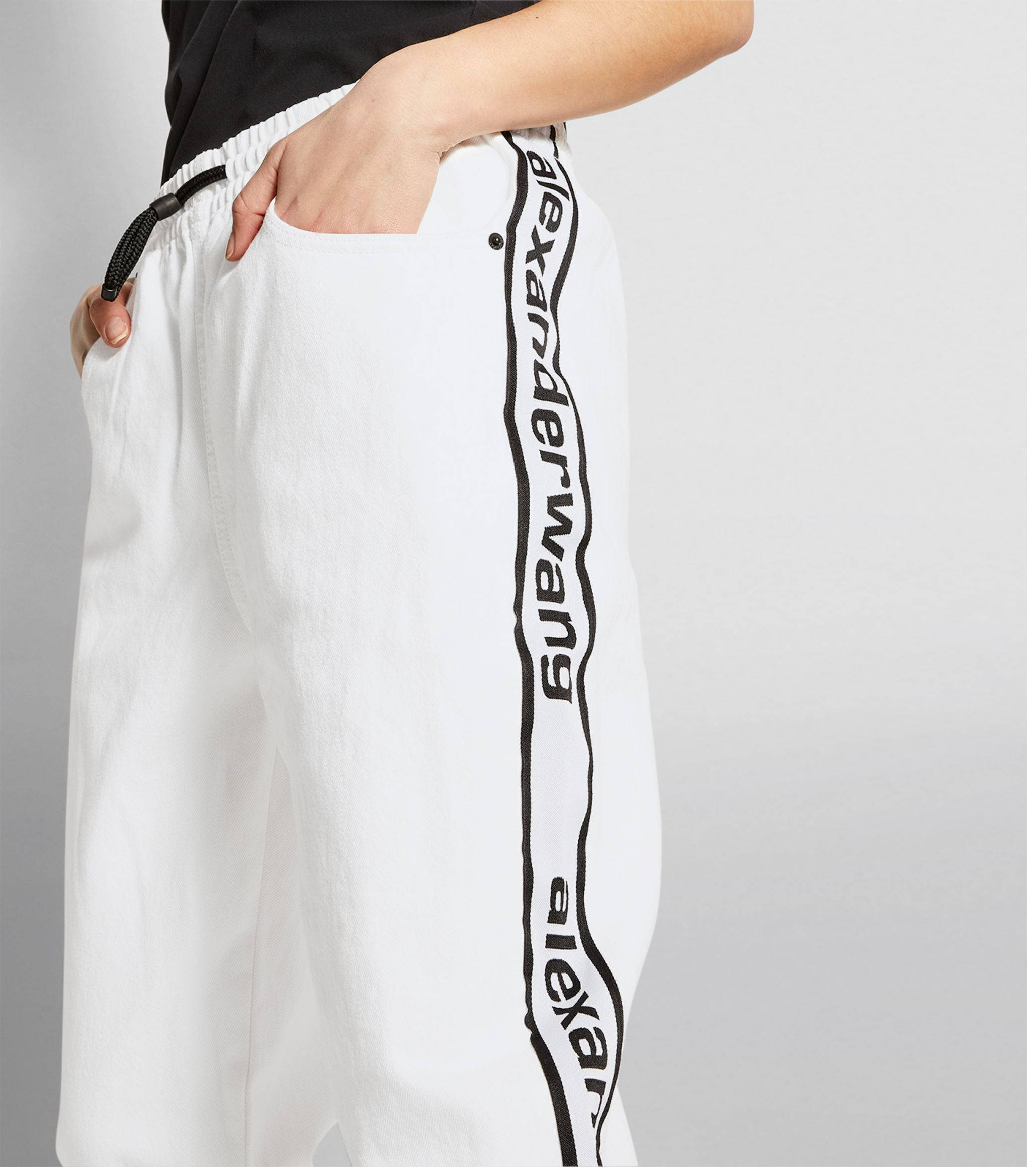 Alexander Wang, white sweatpants, black logo stripe, Full HD Phone Wallpaper