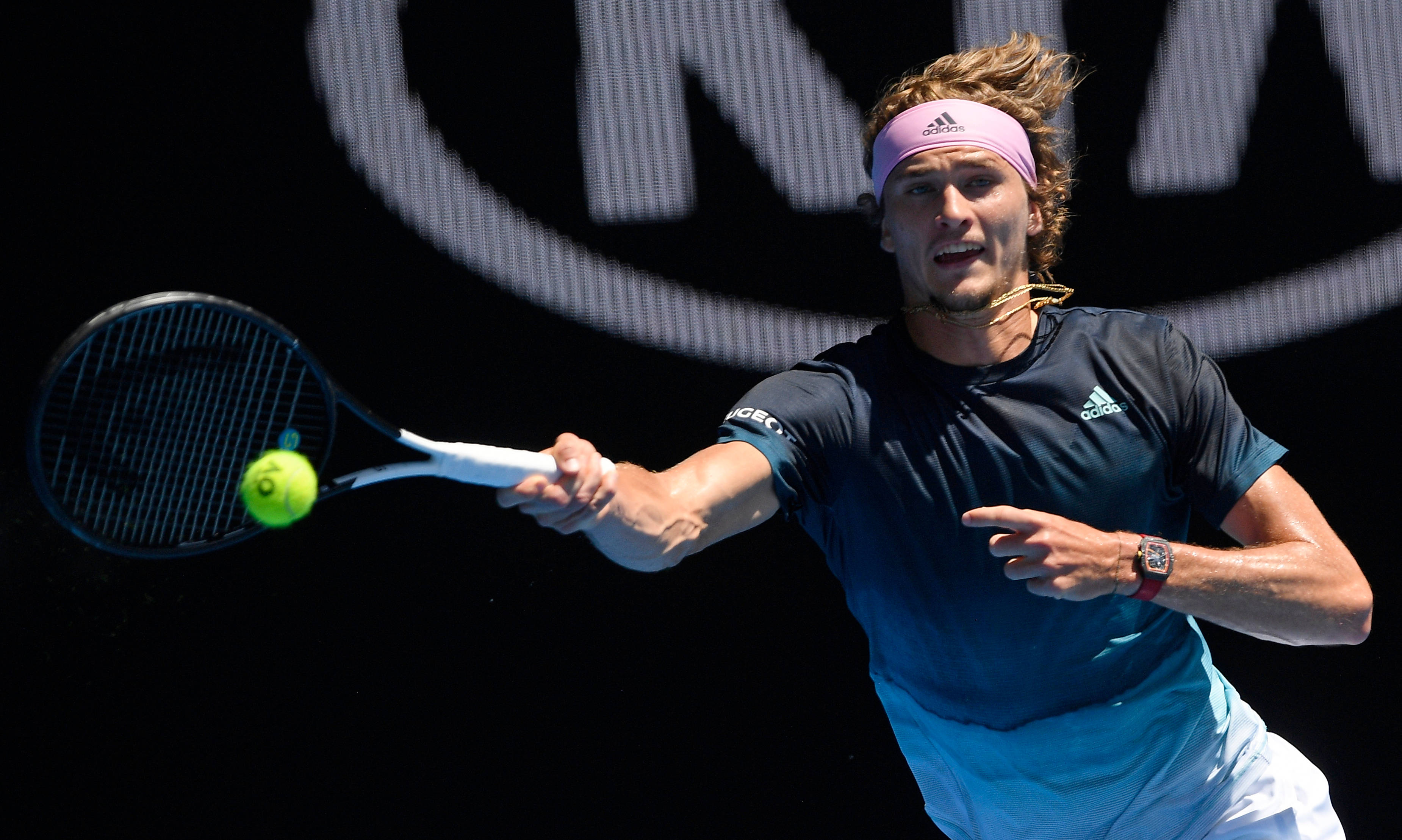 Alexander Zverev, bright yellow ball, mid-swing, 2K Desktop Wallpaper