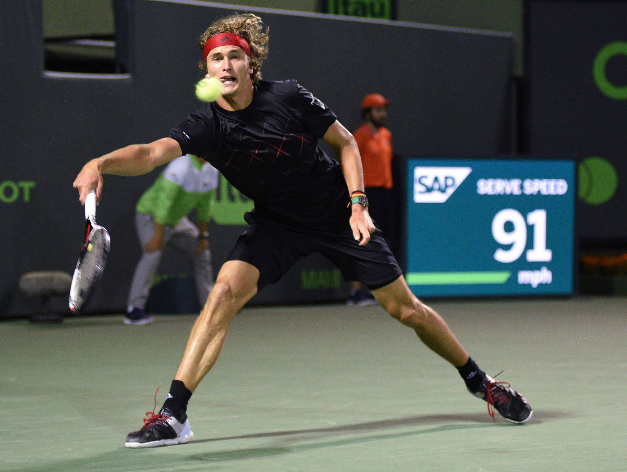 Alexander Zverev, black gear, green court, Full HD Desktop Wallpaper
