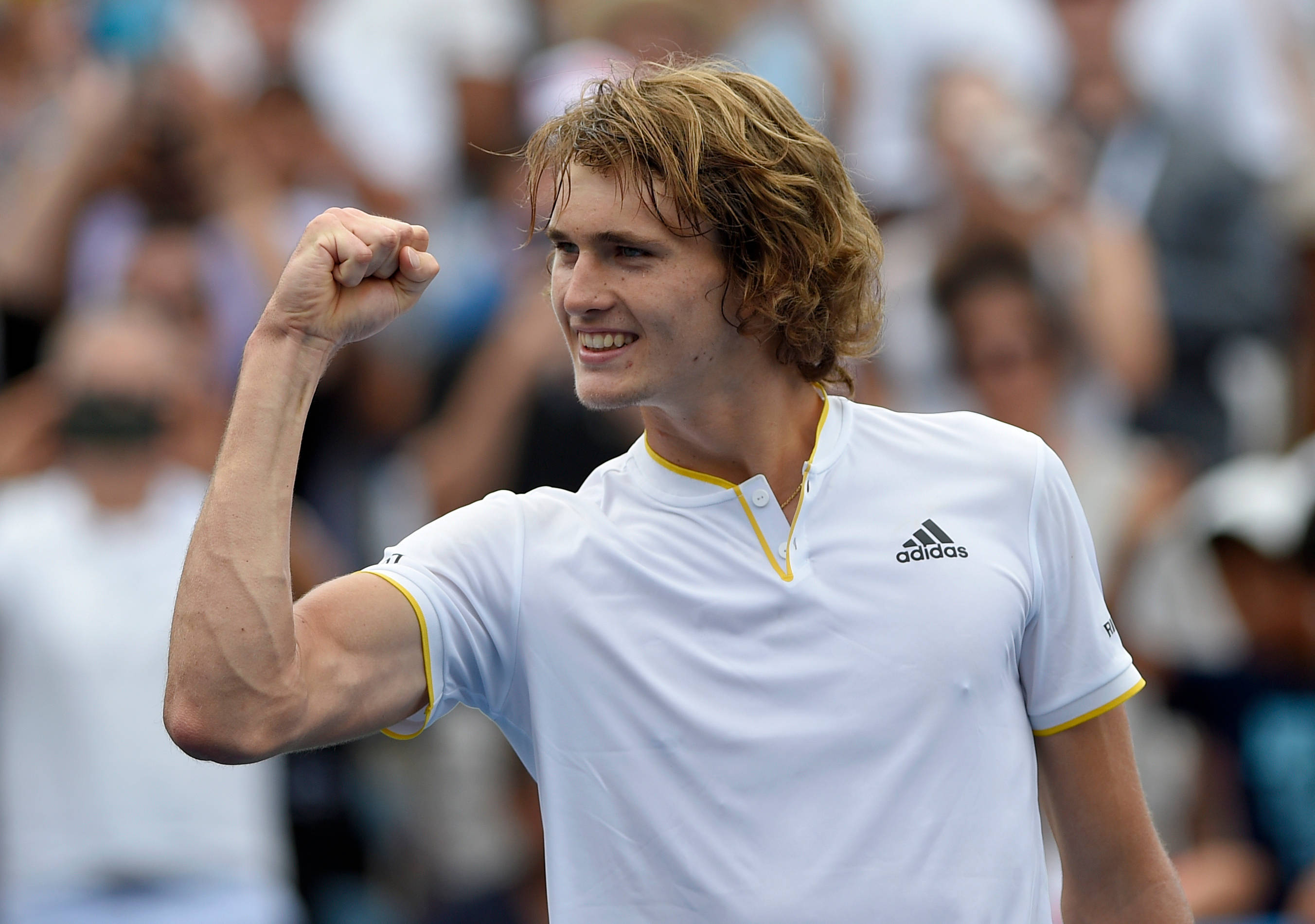Alexander Zverev, curly blonde hair, white adidas shirt, 2K Desktop Wallpaper