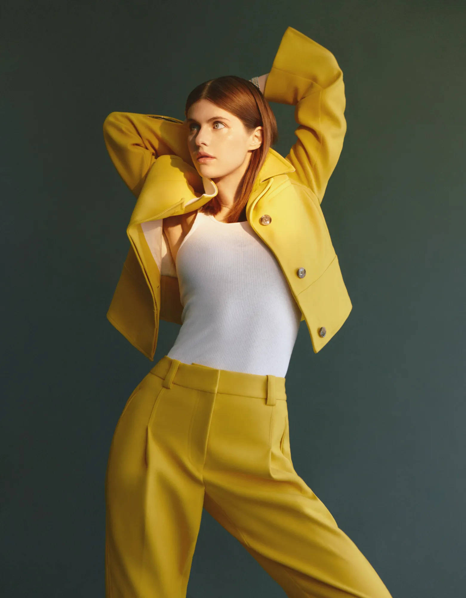 Alexandra Daddario, yellow suit, dark green studio backdrop, Full HD Phone Wallpaper