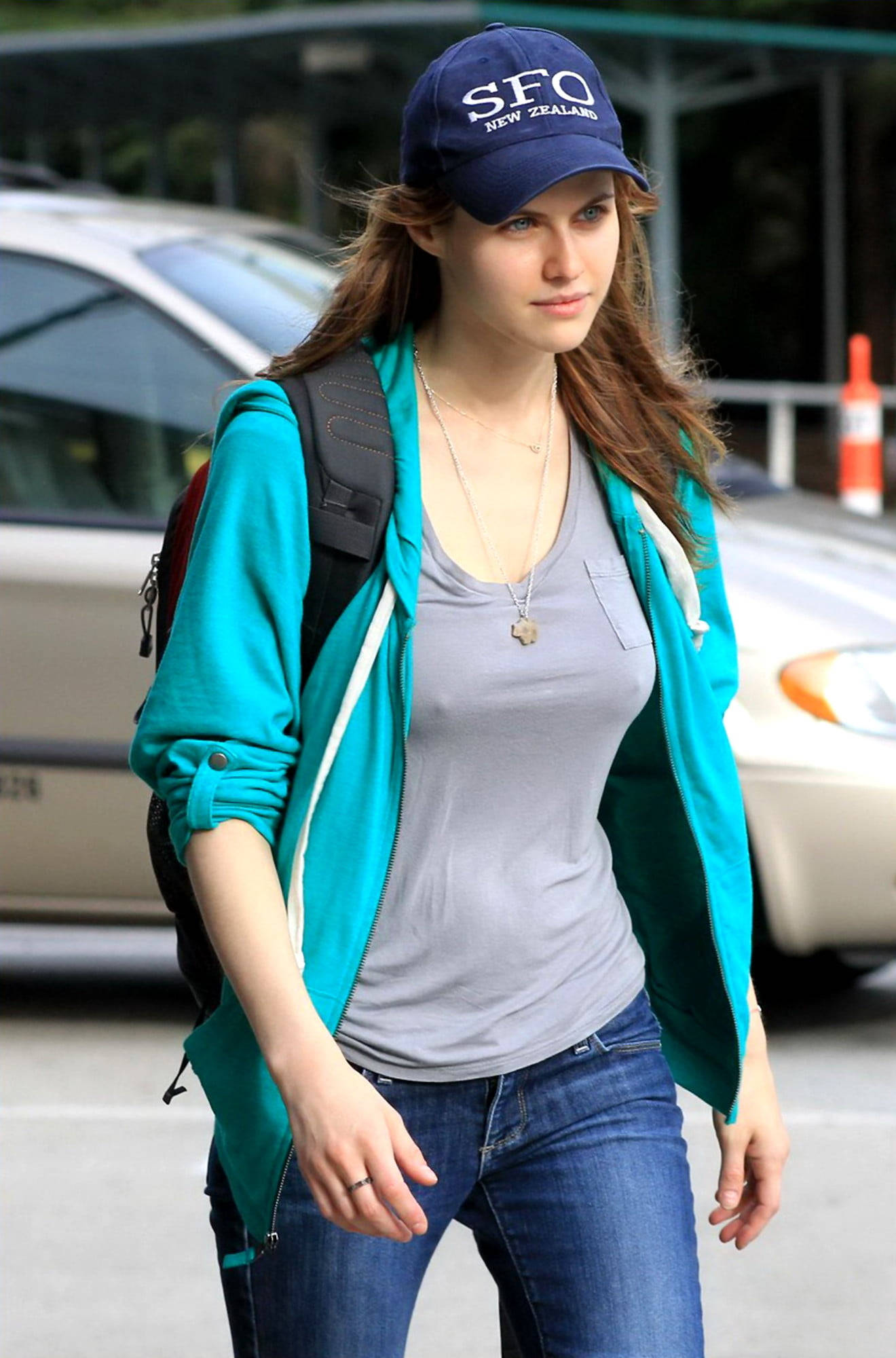 Alexandra Daddario, blue cap, teal jacket, Full HD Phone Wallpaper