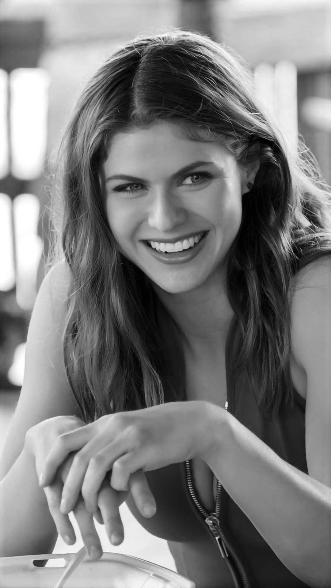 Alexandra Daddario, grayscale, smiling, Full HD Phone Wallpaper