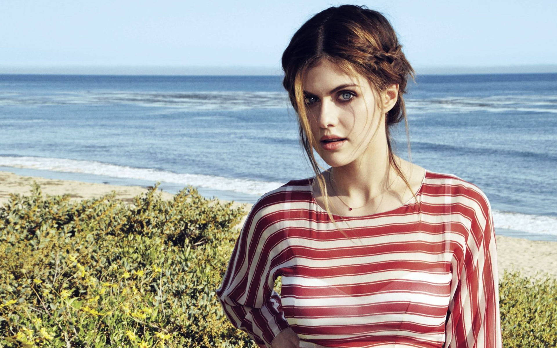 Alexandra Daddario, red and white striped shirt, sunlit beach, Full HD Desktop Wallpaper