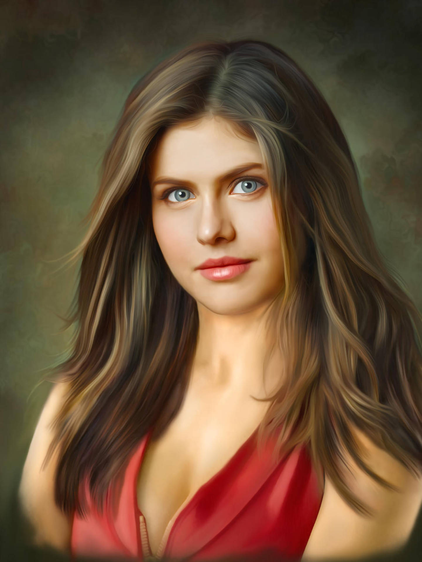 Alexandra Daddario, red top, muted green background, Full HD Phone Wallpaper