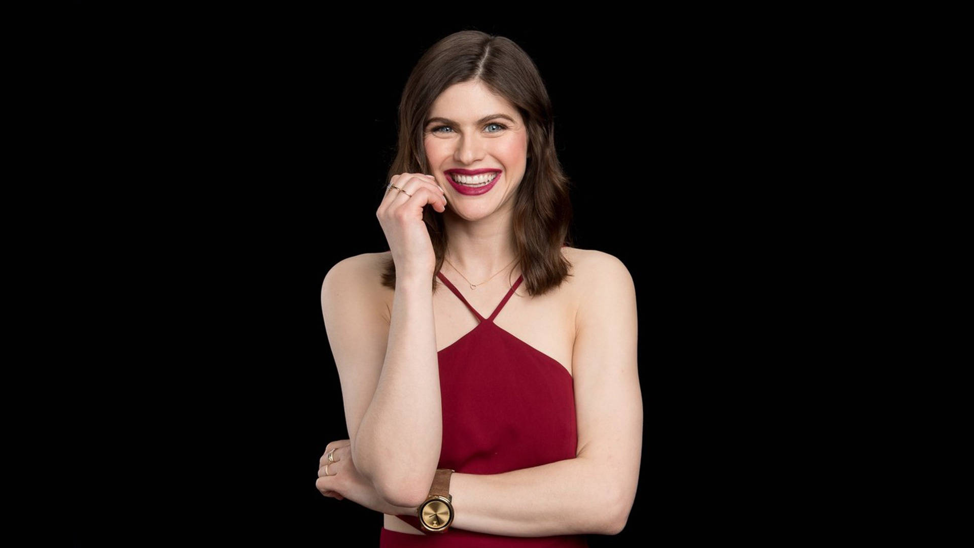 Alexandra Daddario, red halter top, stark black background, Full HD Desktop Wallpaper