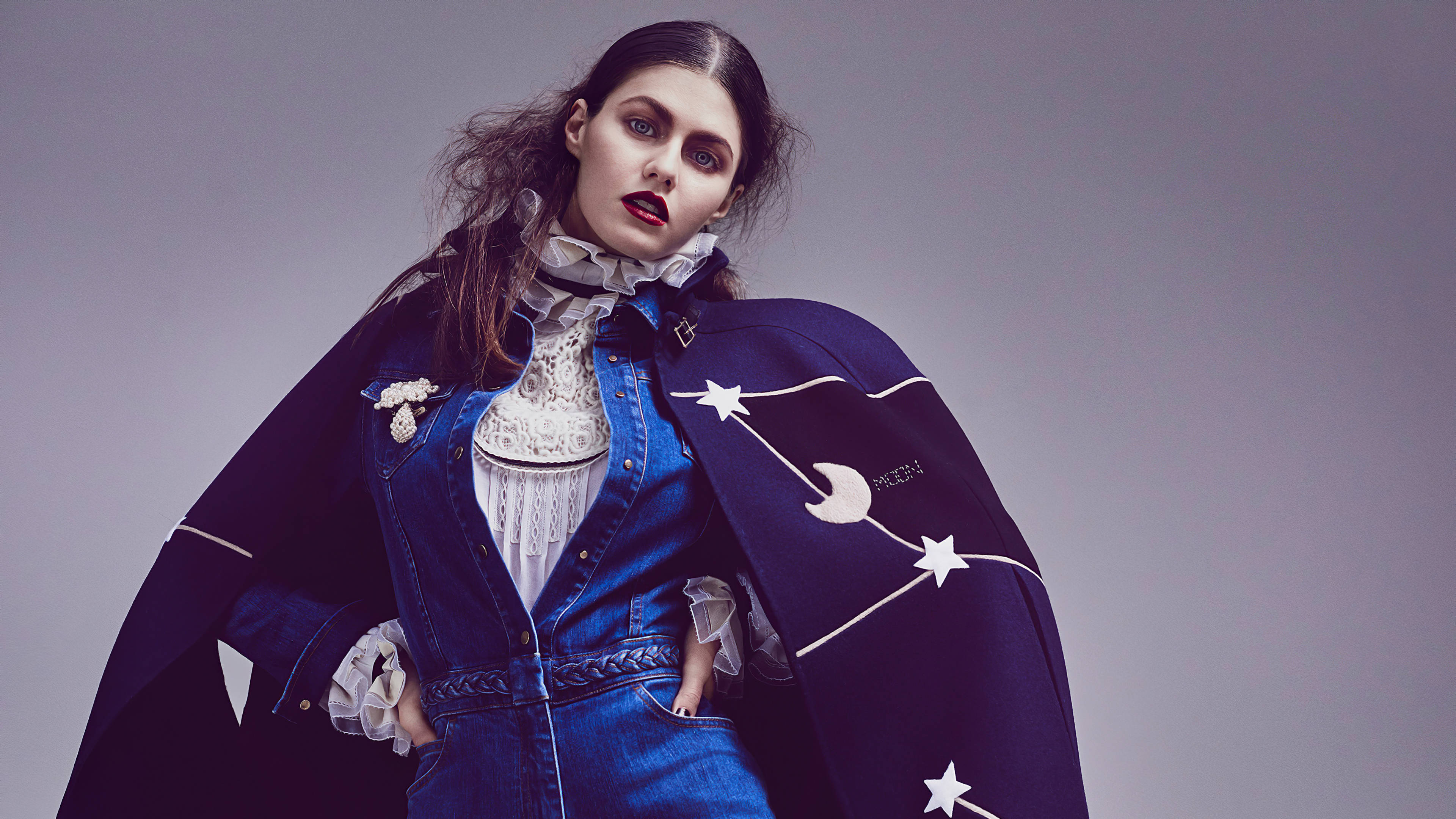 Alexandra Daddario, denim jumpsuit, starry navy cape, 4K Desktop Wallpaper