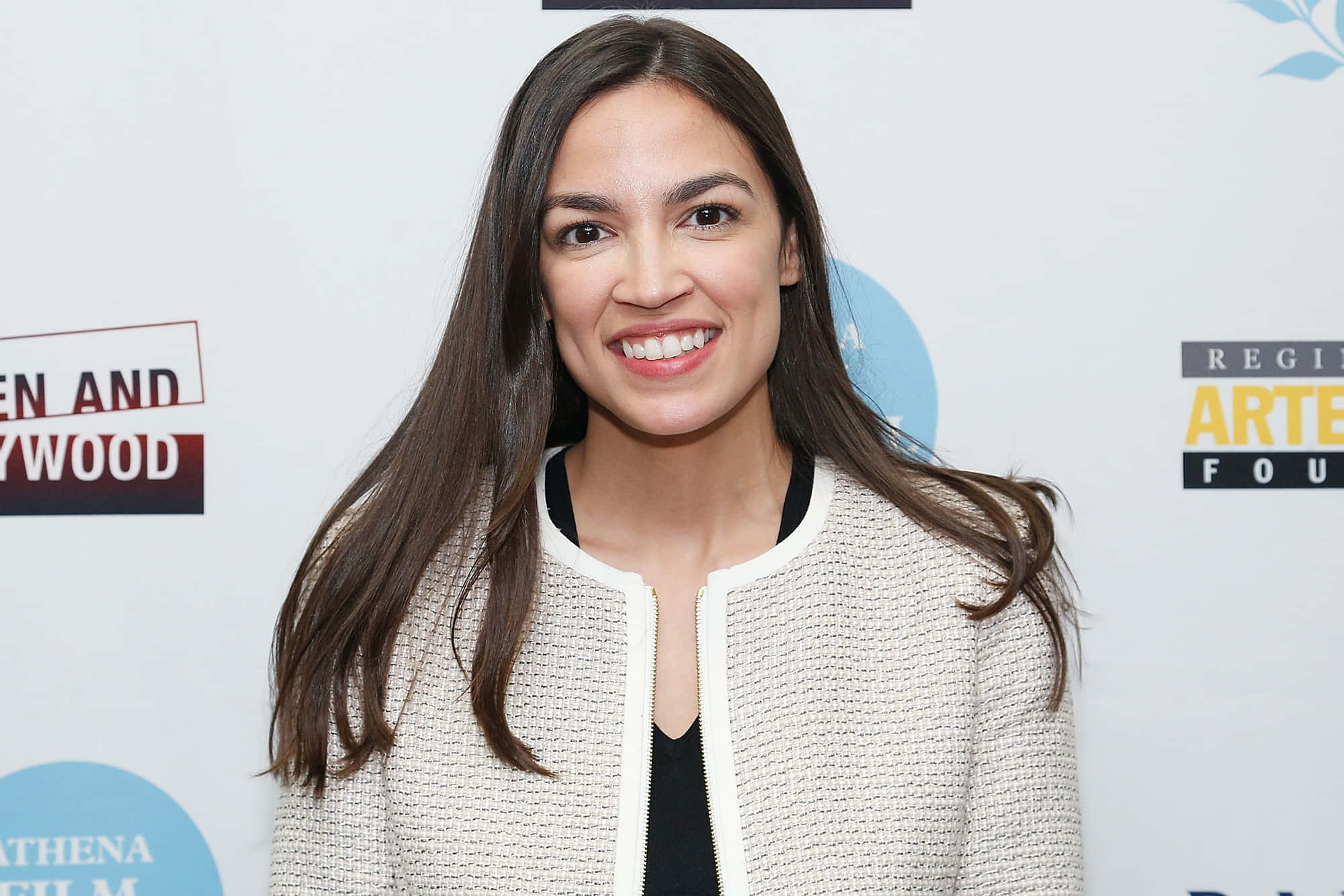 Alexandria Ocasio-cortez, white backdrop, Hollywood event backdrop, Full HD Desktop Wallpaper