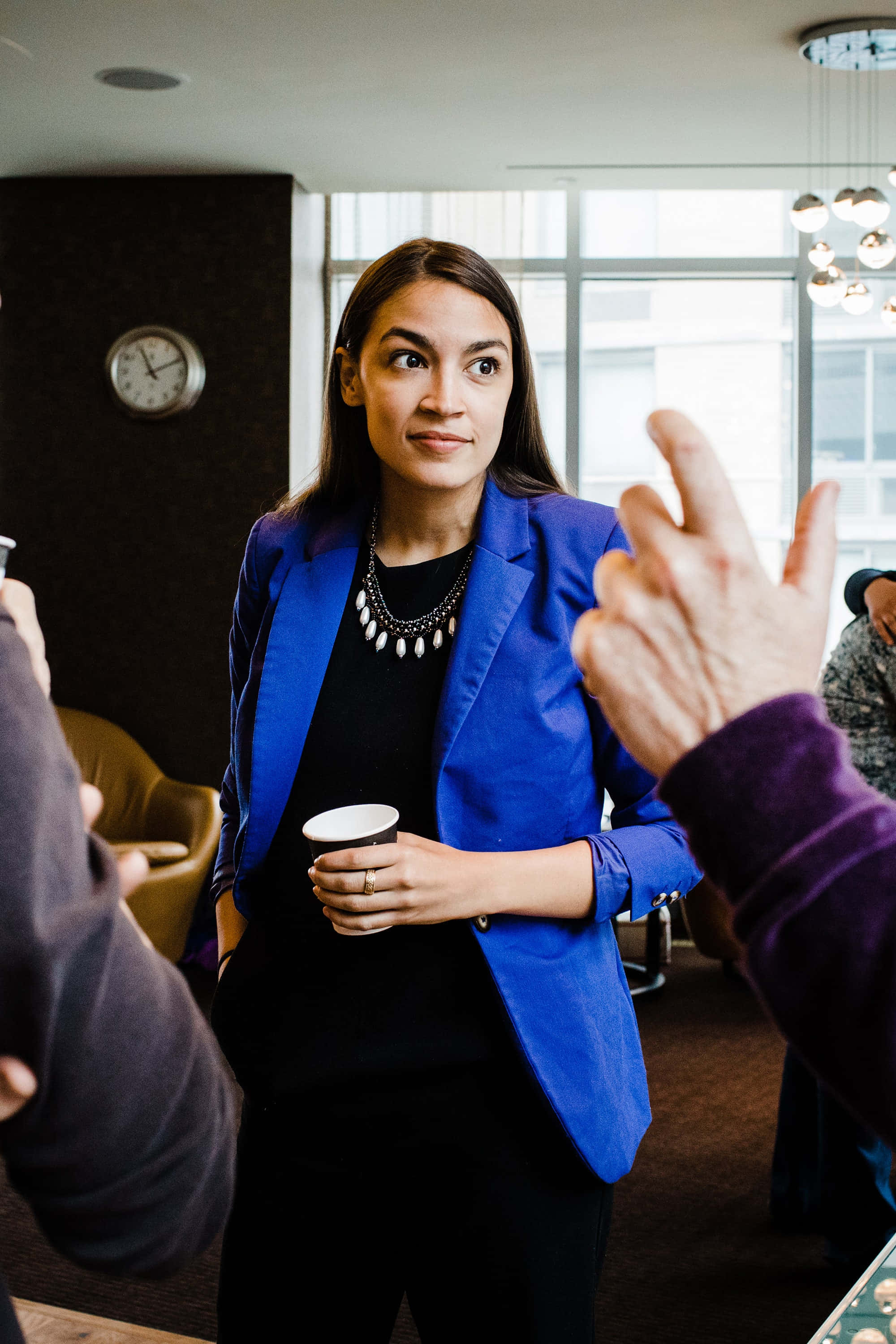 Alexandria Ocasio-cortez, blue blazer, coffee cup, 2K Phone Wallpaper