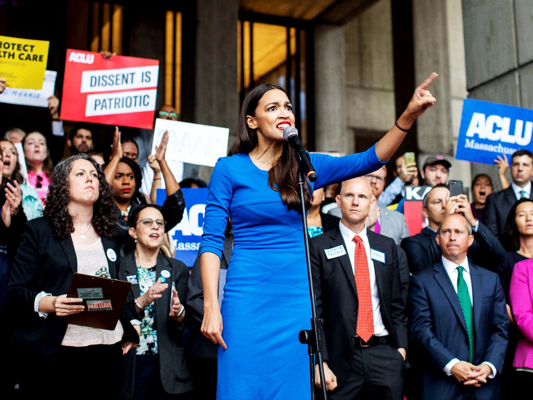 Alexandria Ocasio-cortez, blue dress, outdoor rally, HD Desktop Wallpaper