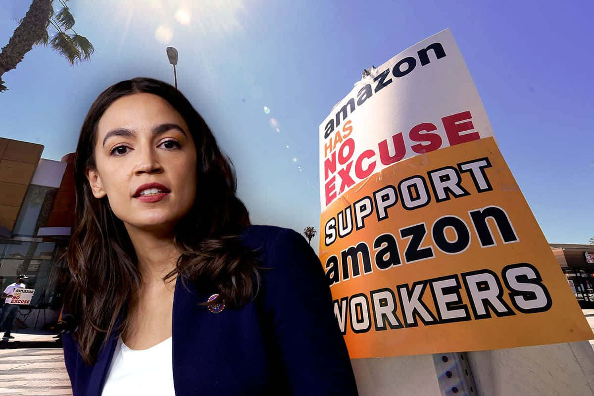 Alexandria Ocasio-Cortez, protest sign, Amazon workers, SD Desktop Wallpaper