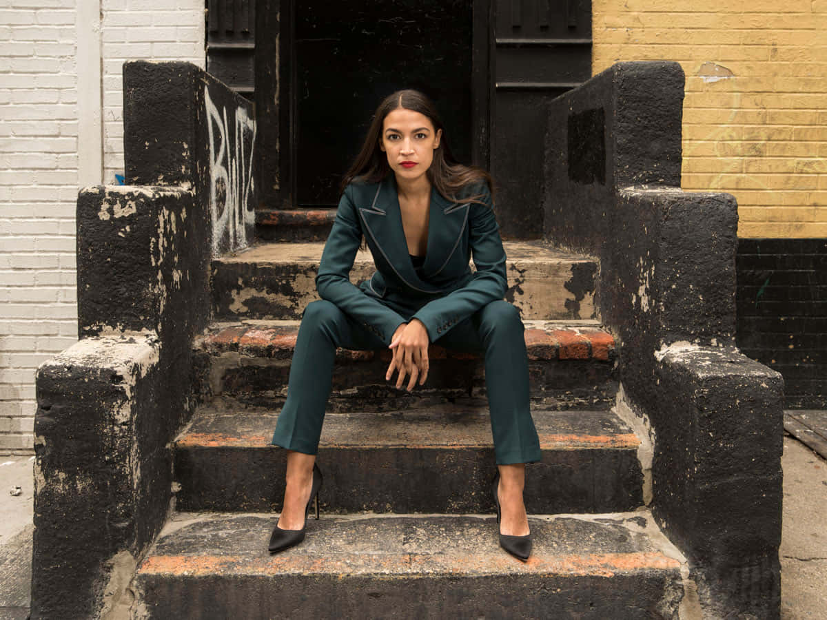 Alexandria Ocasio-cortez, teal suit, weathered urban steps, SD Desktop Wallpaper