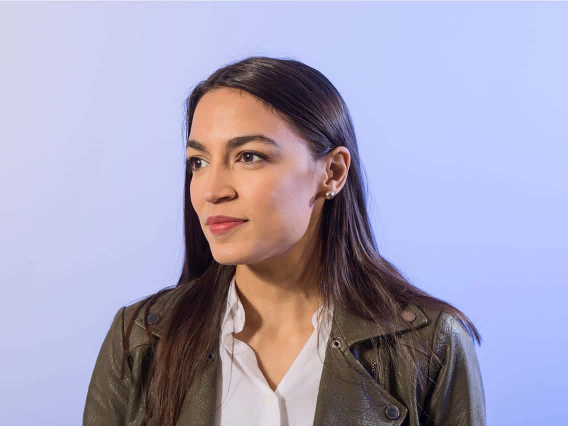 Alexandria Ocasio-cortez, green leather jacket, white shirt, SD Desktop Wallpaper