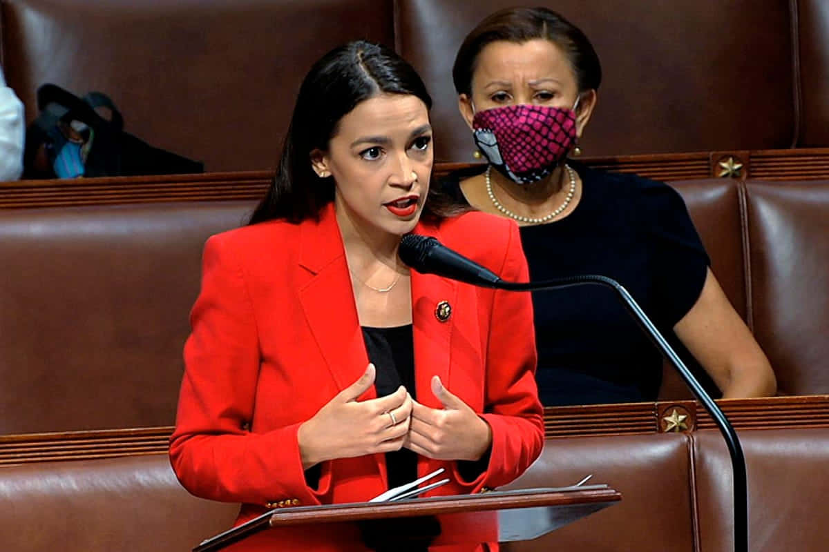 Alexandria Ocasio-cortez, red blazer, microphone, SD Desktop Wallpaper
