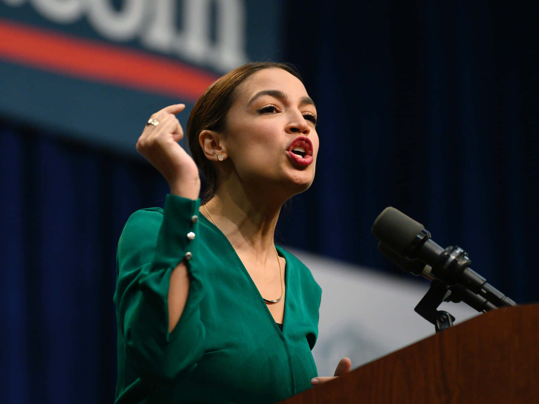 Alexandria Ocasio-Cortez, green blouse, microphone, HD Desktop Wallpaper