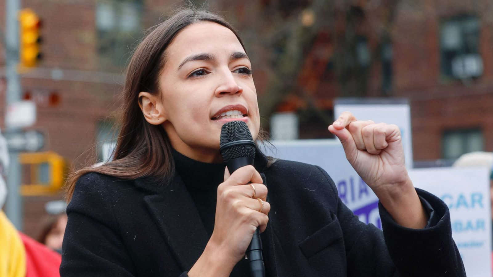 Alexandria Ocasio-cortez, black coat, microphone, HD Desktop Wallpaper