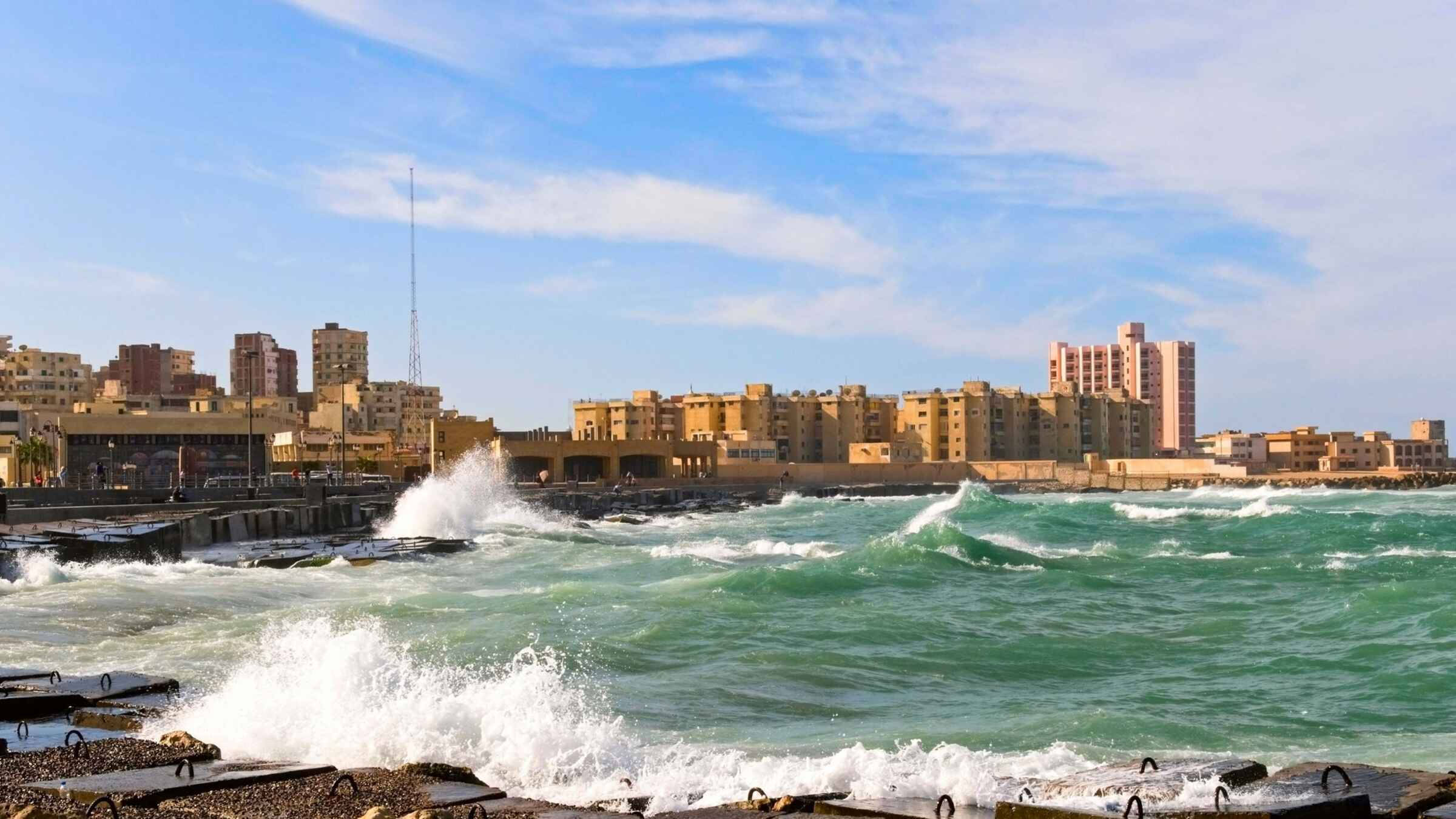 Alexandria, turquoise waves, rocky seawall, Full HD Desktop Wallpaper