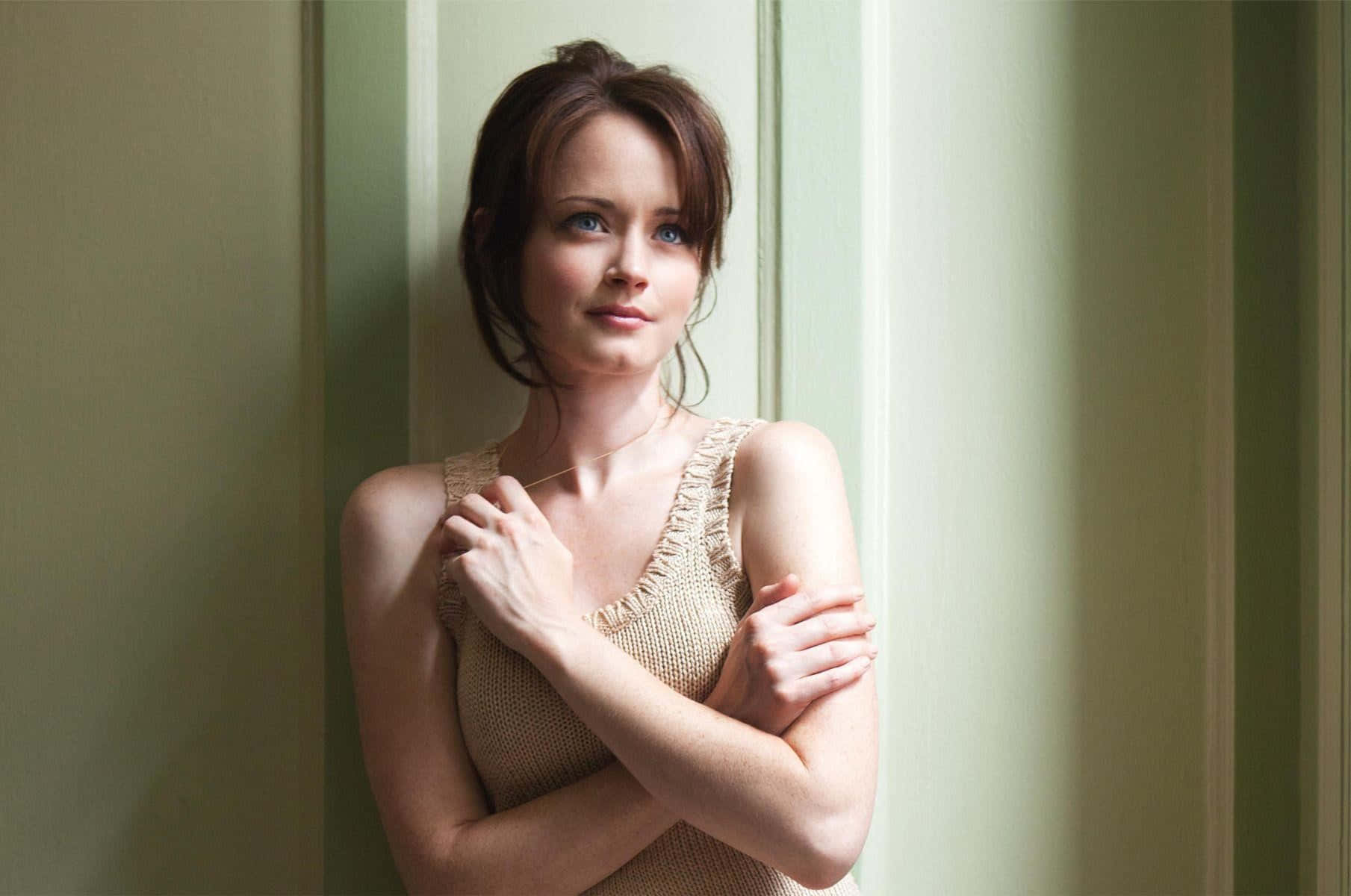 Alexis Bledel, beige knit top, window, HD Desktop Wallpaper