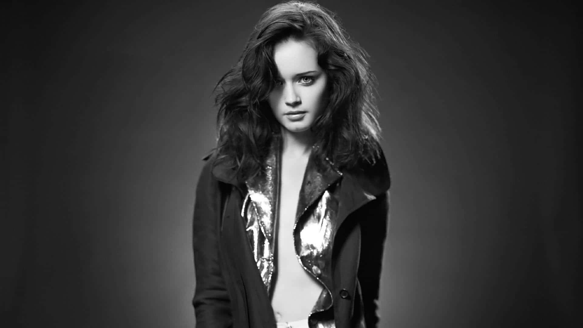 Alexis Bledel, black and white portrait, tousled hair, Full HD Desktop Wallpaper