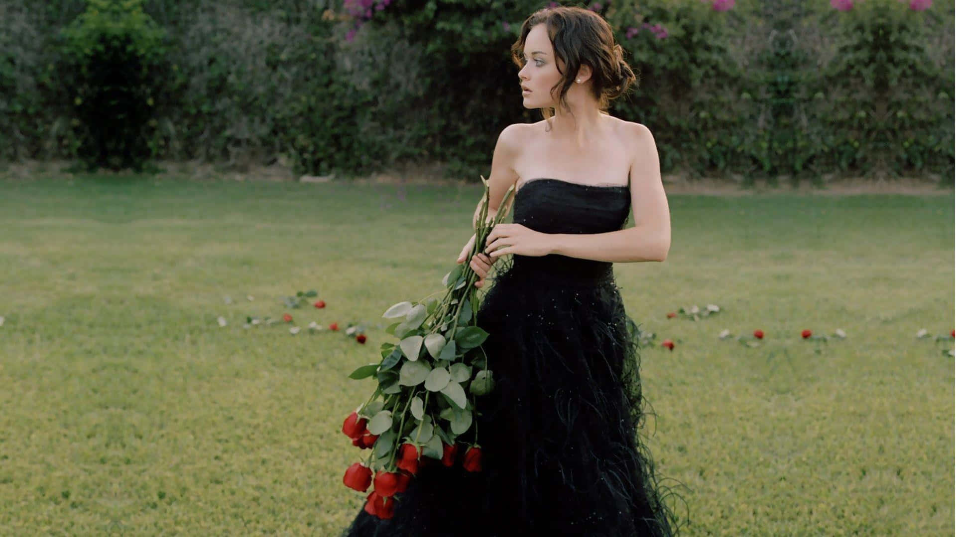 Alexis Bledel, black feathered gown, red roses, Full HD Desktop Wallpaper