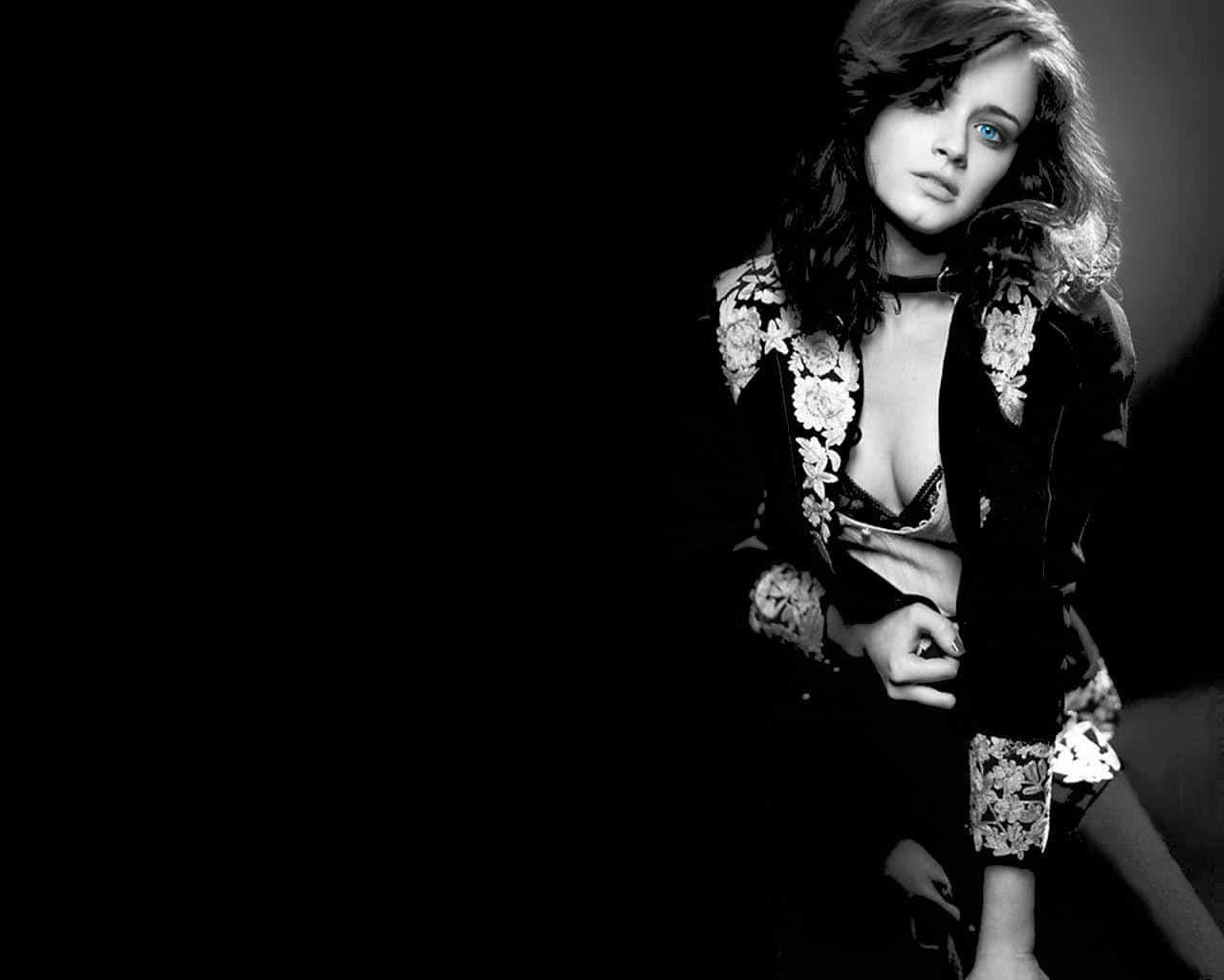 Alexis Bledel, black floral jacket, stark black background, HD Desktop Wallpaper
