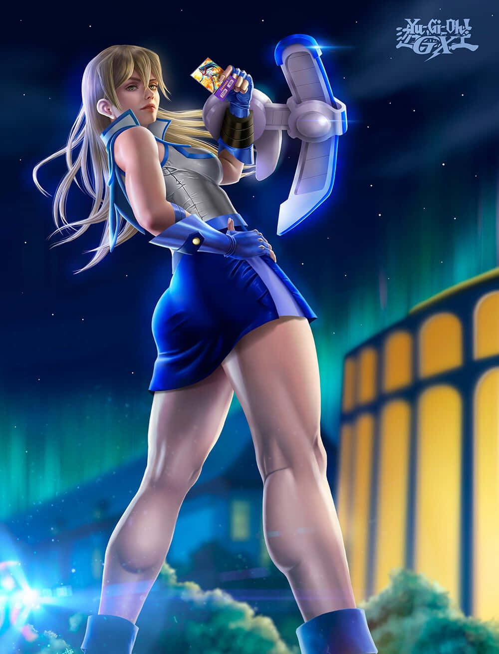 Alexis Rhodes, blue and silver outfit, glowing card, HD Phone Wallpaper