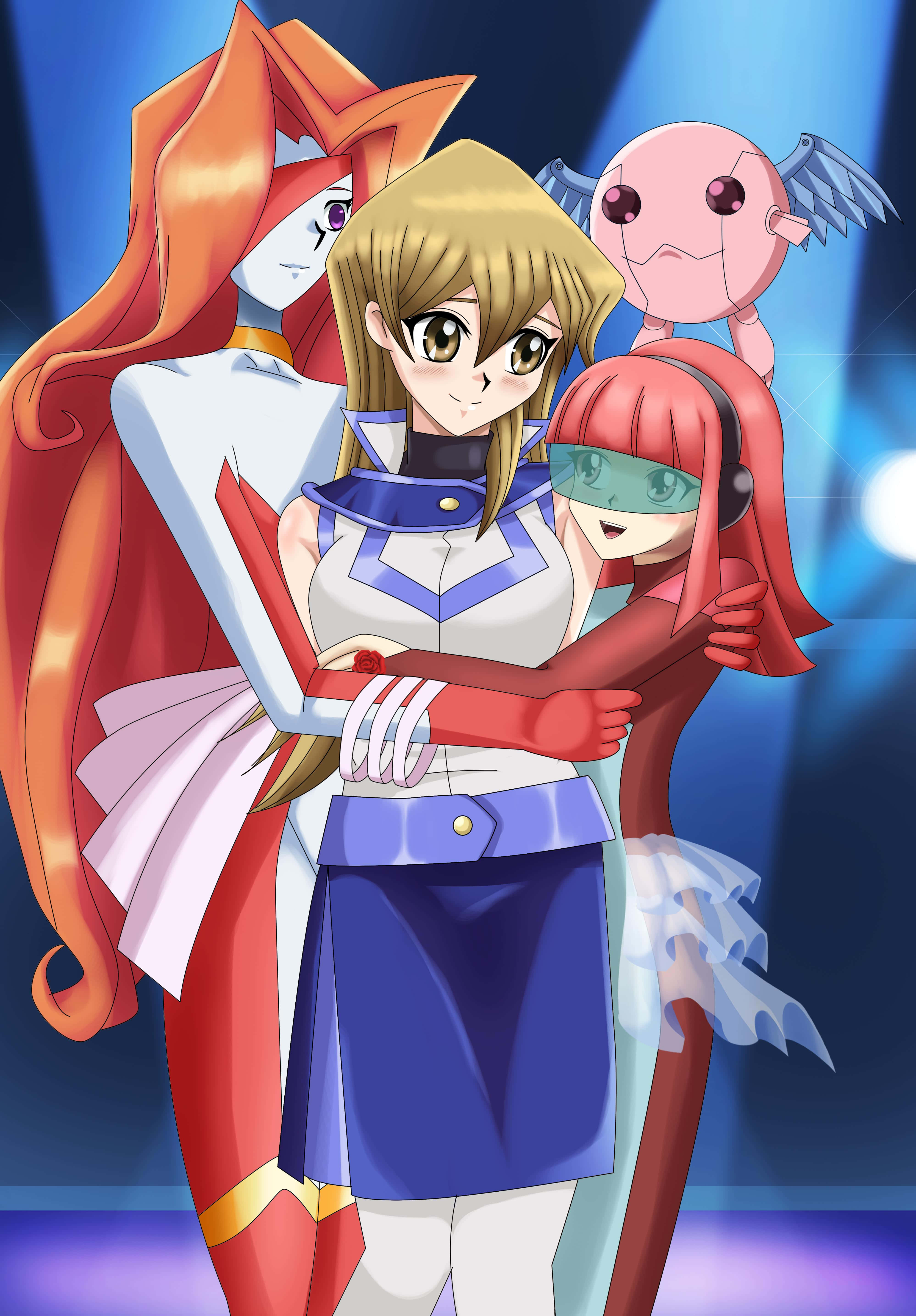 Alexis Rhodes, bright blue stage lights, vibrant red and orange hair accents, 5K Phone Wallpaper