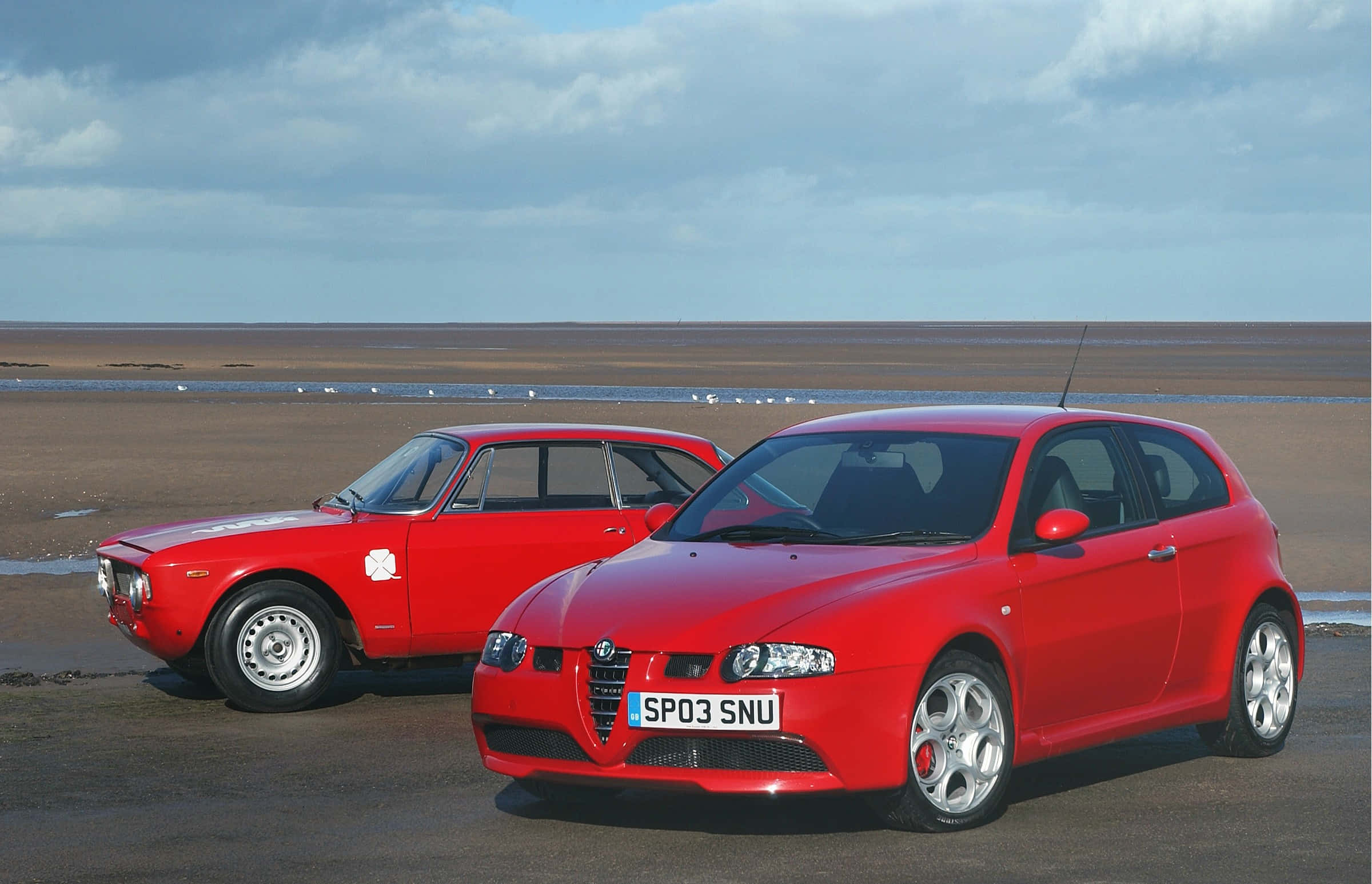 Alfa Romeo 147, red, wet tidal flat, Full HD Desktop Wallpaper