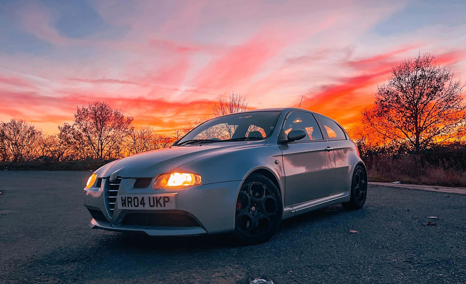 Alfa Romeo 147, silver, fiery sunset sky, Full HD Desktop Wallpaper