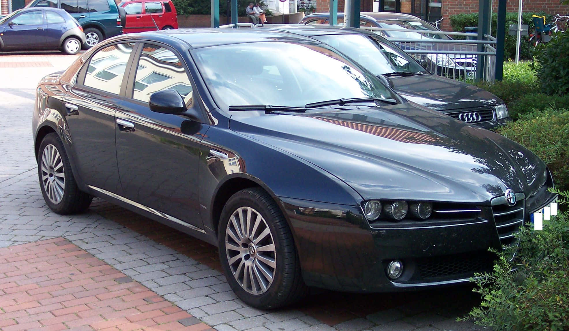 Alfa Romeo 159, dark blue, brick-paved lot, Full HD Desktop Wallpaper