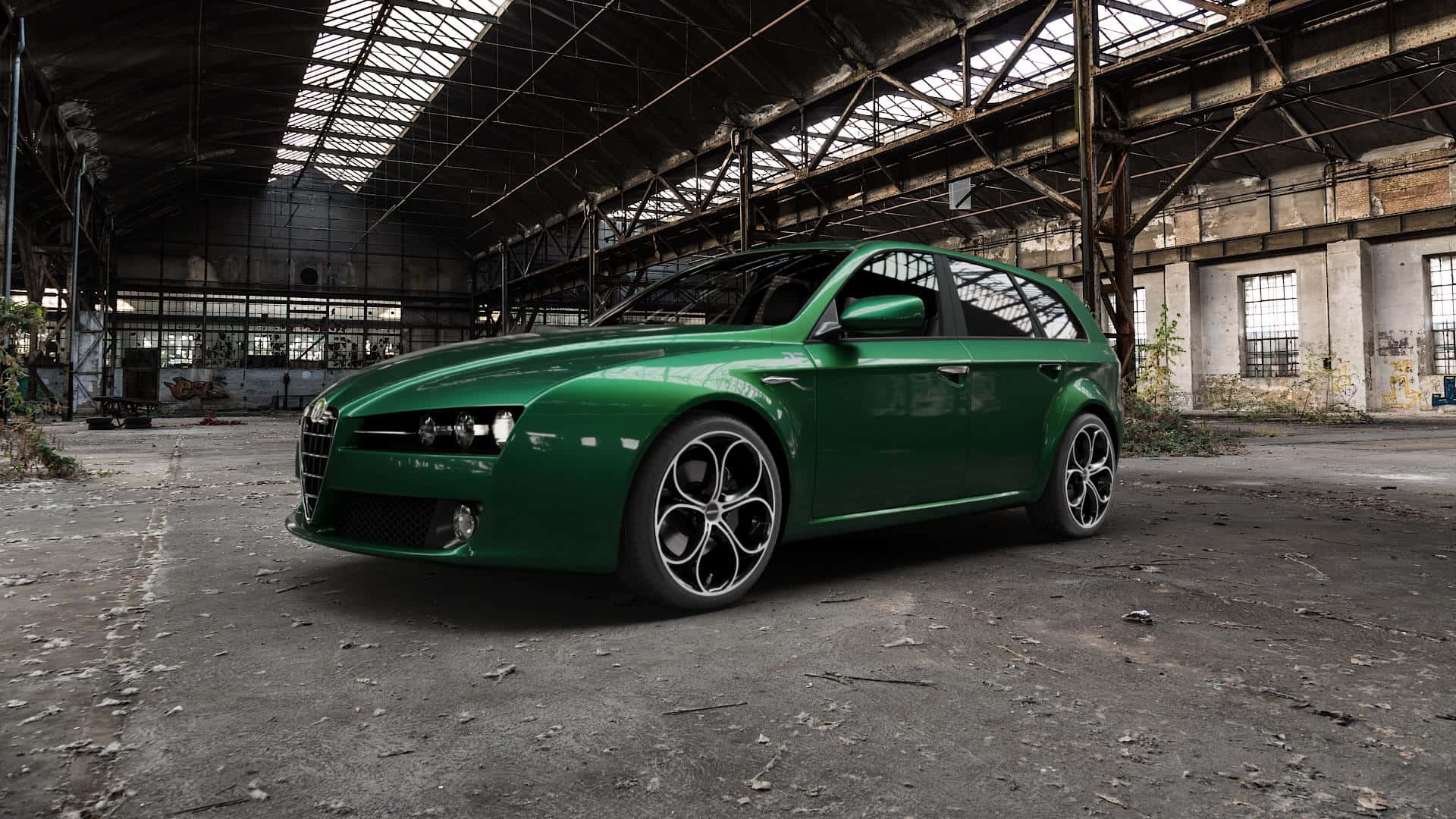Alfa Romeo 159, glossy green, abandoned industrial warehouse, Full HD Desktop Wallpaper
