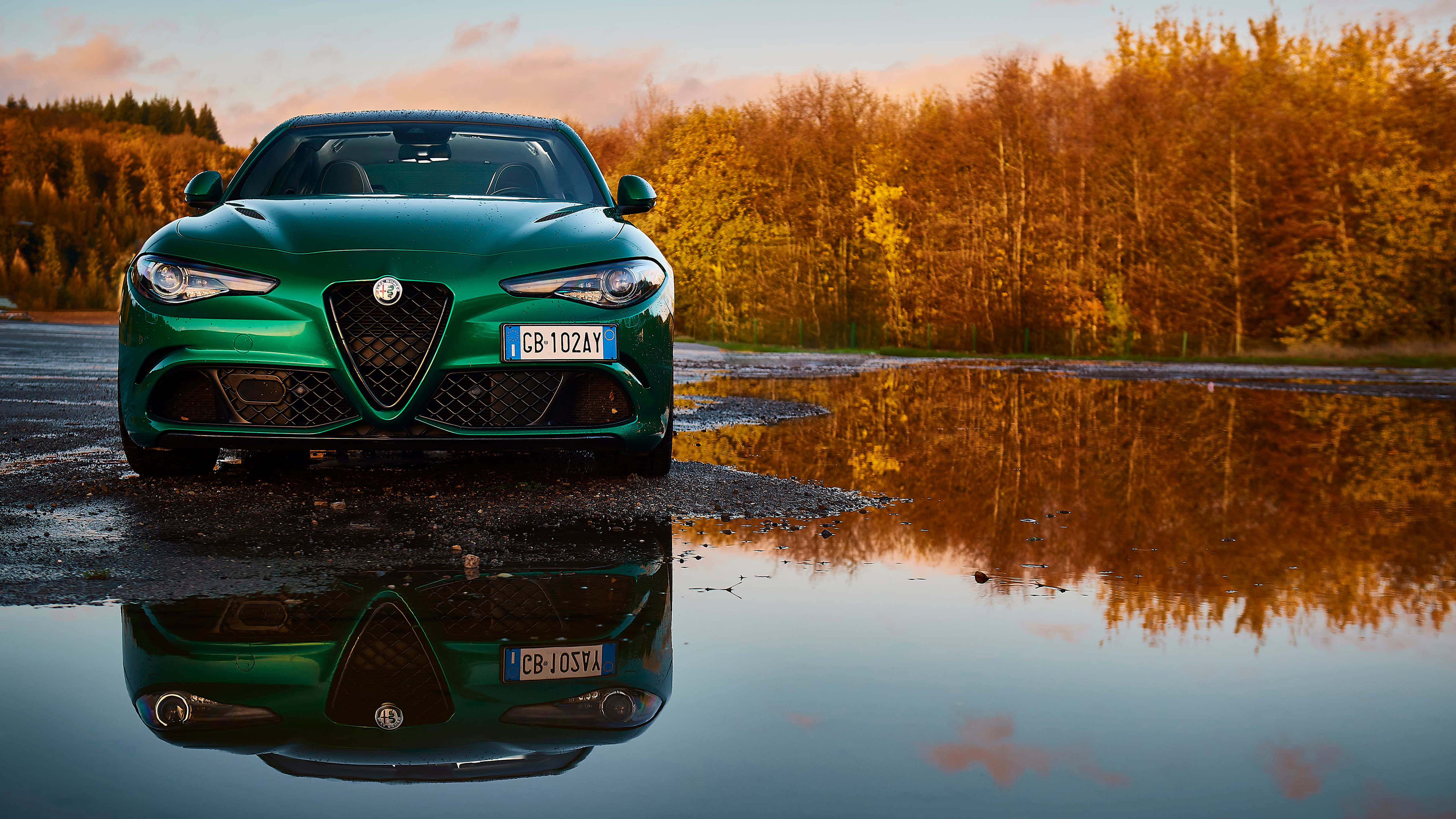 Alfa Romeo 159, vibrant green, puddle, 5K Desktop Wallpaper