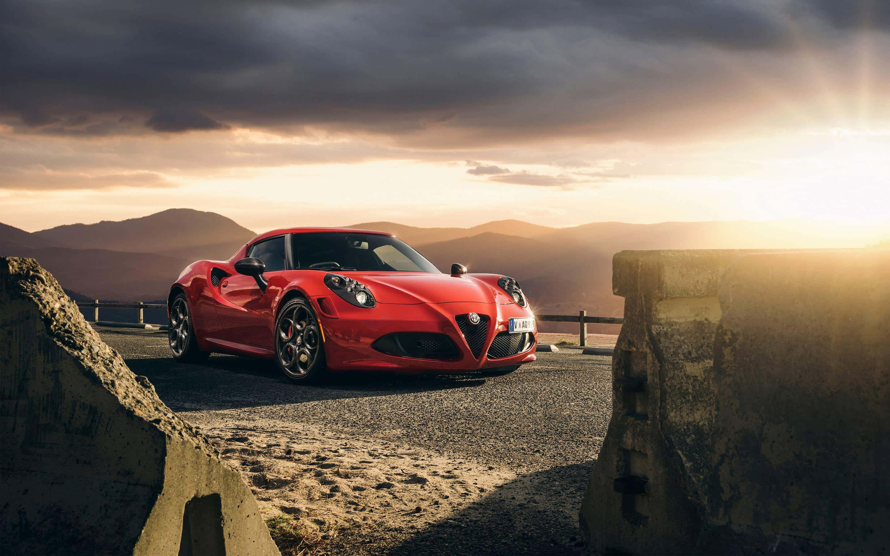 Alfa Romeo 4C, vibrant red, mountain road, 2K Desktop Wallpaper