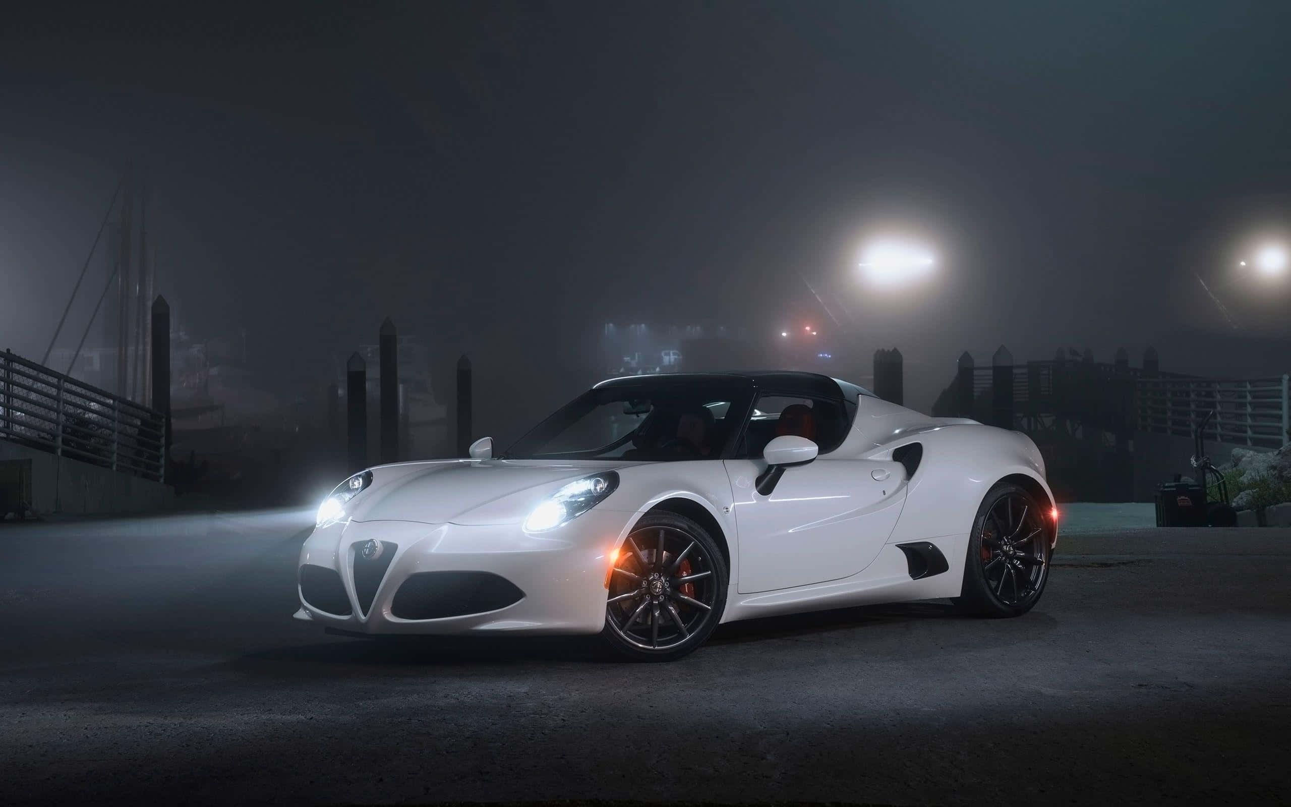 Alfa Romeo 4C, white, streetlights, 2K Desktop Wallpaper