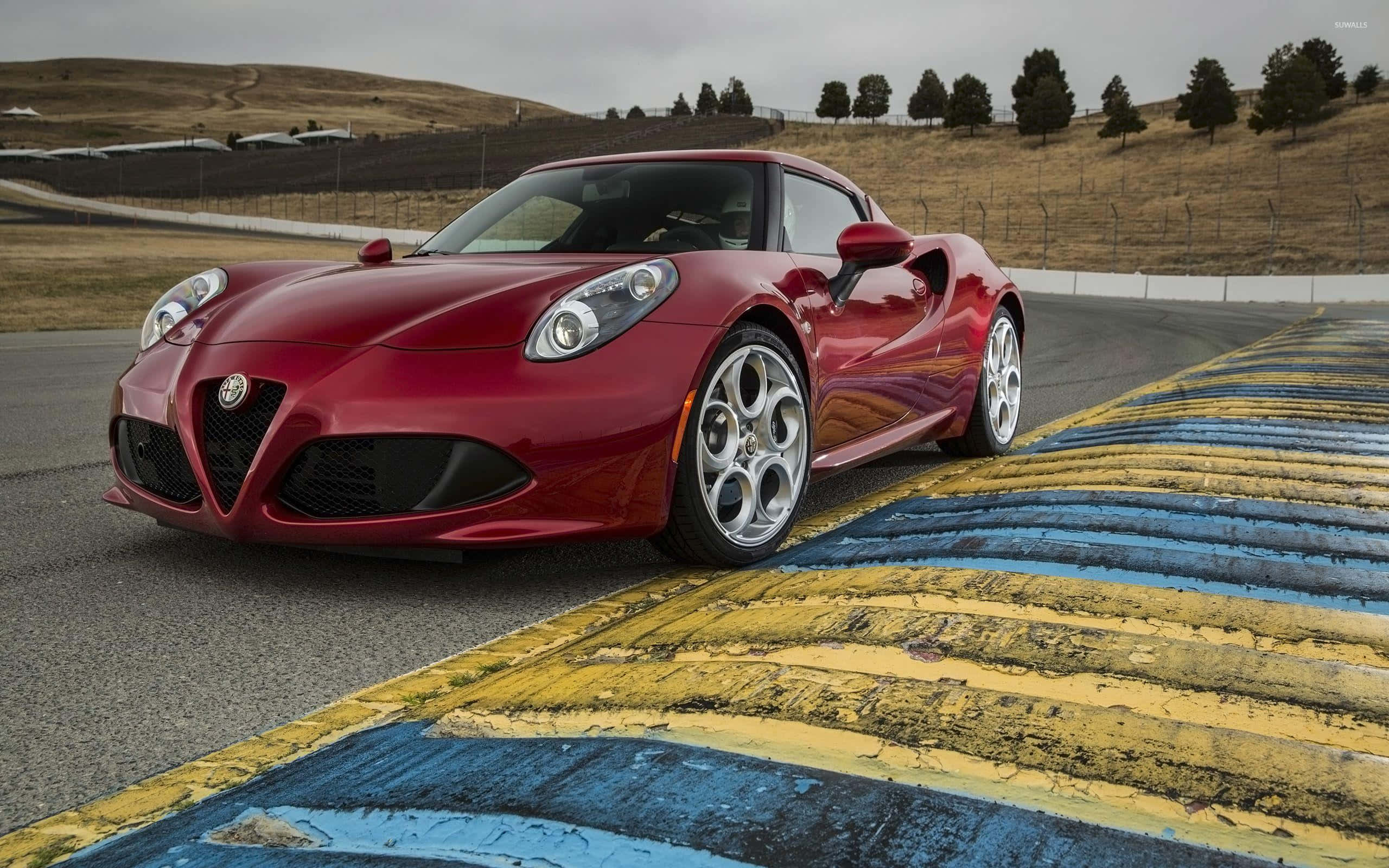 Alfa Romeo 4C, glossy red, racetrack, 2K Desktop Wallpaper