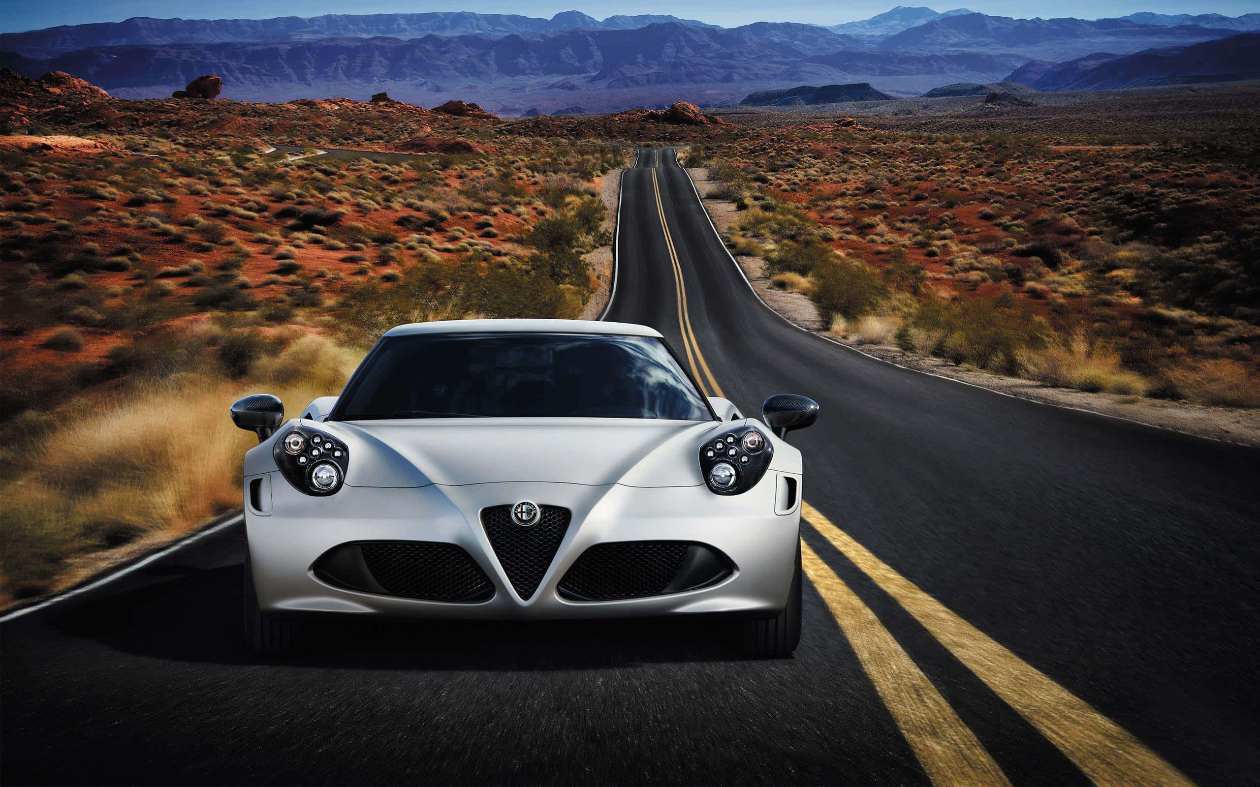 Alfa Romeo 4C, silver, desert road, 2K Desktop Wallpaper