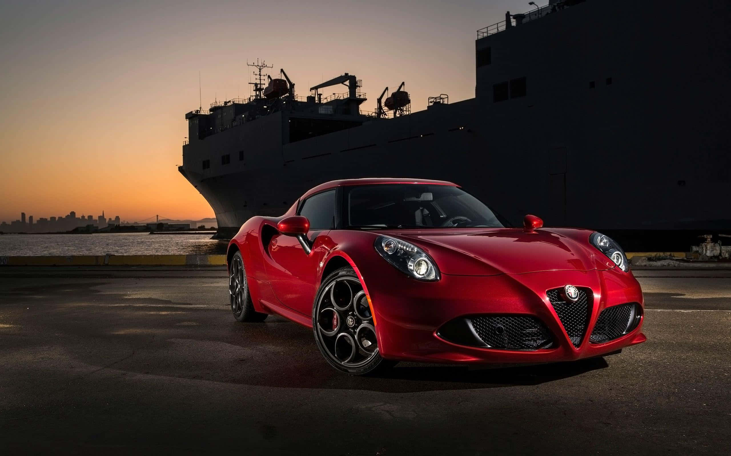 Alfa Romeo 4C, glossy red, sunset, 2K Desktop Wallpaper