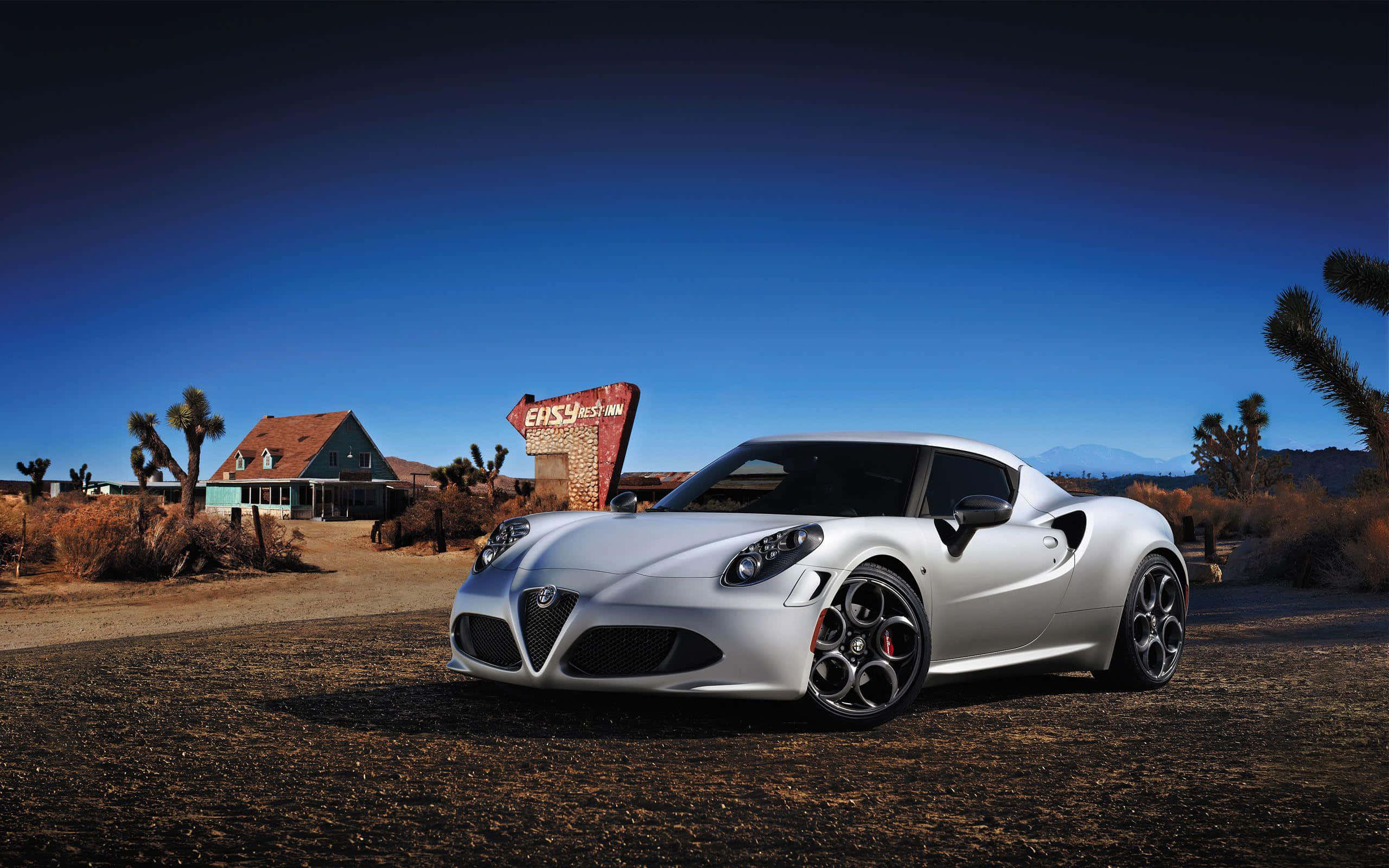 Alfa Romeo 4C, silver, desert landscape, 2K Desktop Wallpaper