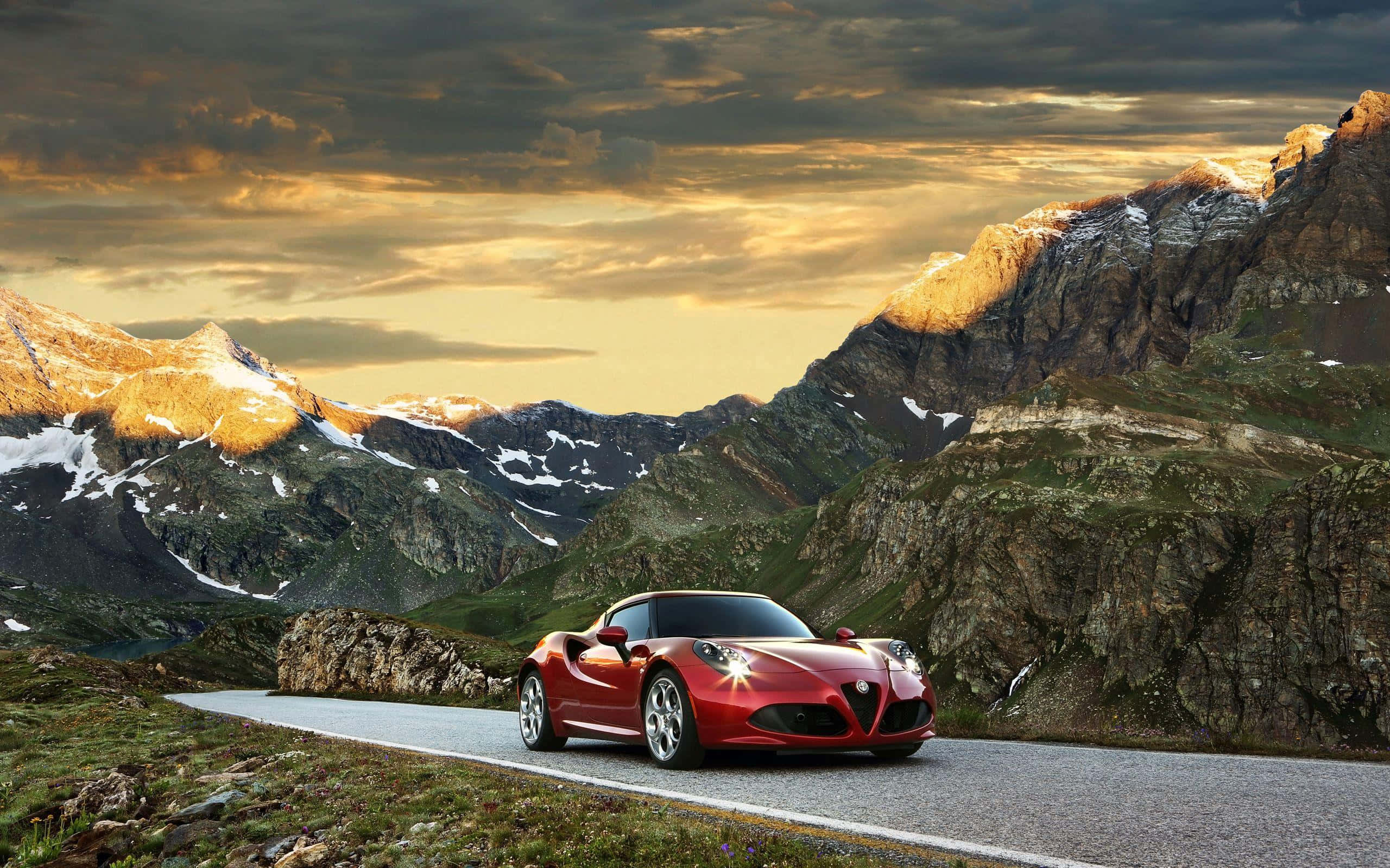 Alfa Romeo 4C, red, winding mountain road, 2K Desktop Wallpaper