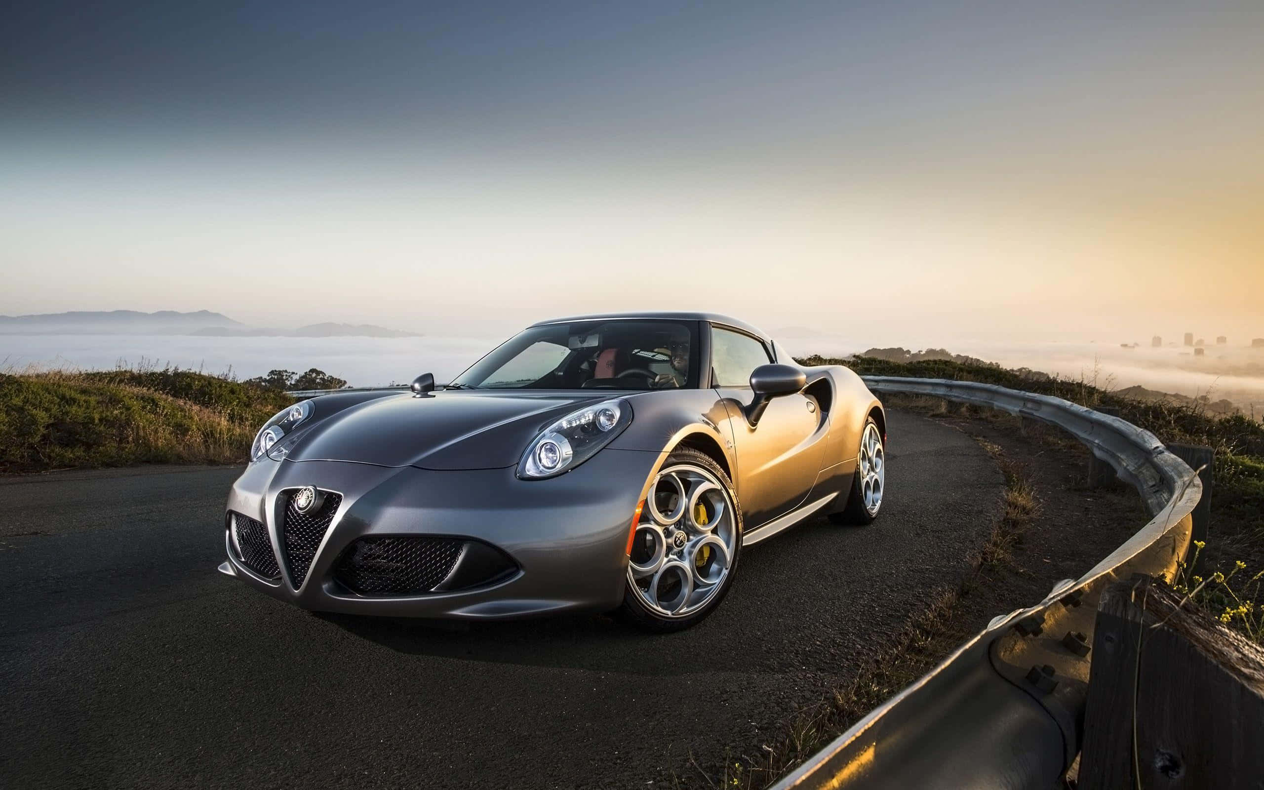 Alfa Romeo 4C, coastal mountain road, sunrise, 2K Desktop Wallpaper