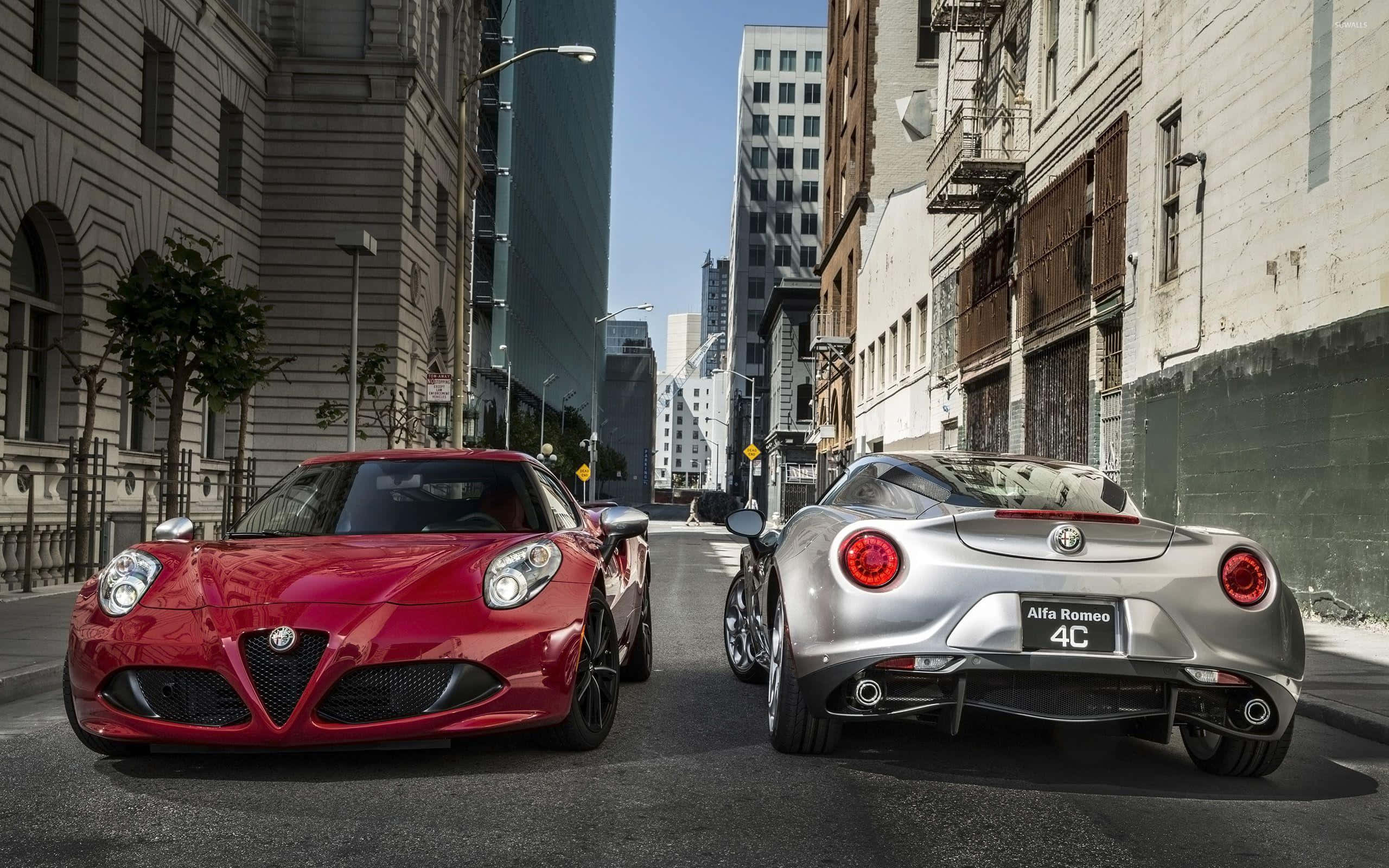 Alfa Romeo 4C, red front view, silver rear view, 2K Desktop Wallpaper