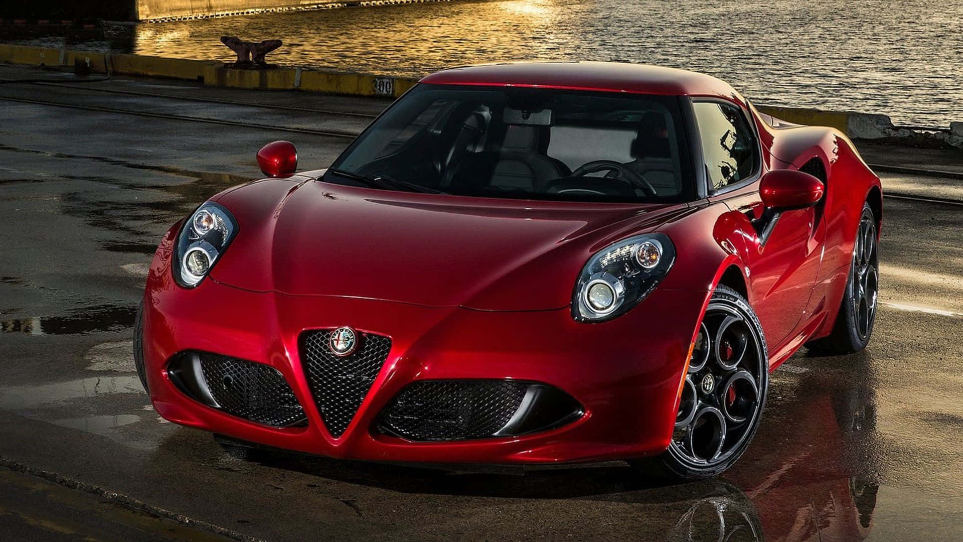 Alfa Romeo 4C, glossy red, wet dock, Full HD Desktop Wallpaper