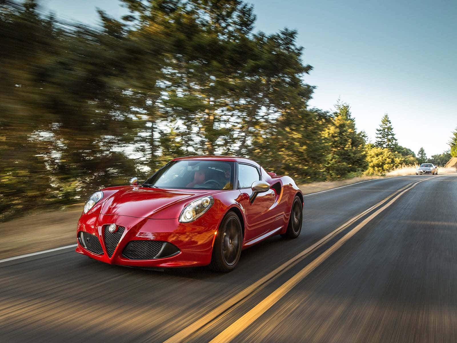 Alfa Romeo 4C, vibrant red, winding forest road, HD Desktop Wallpaper