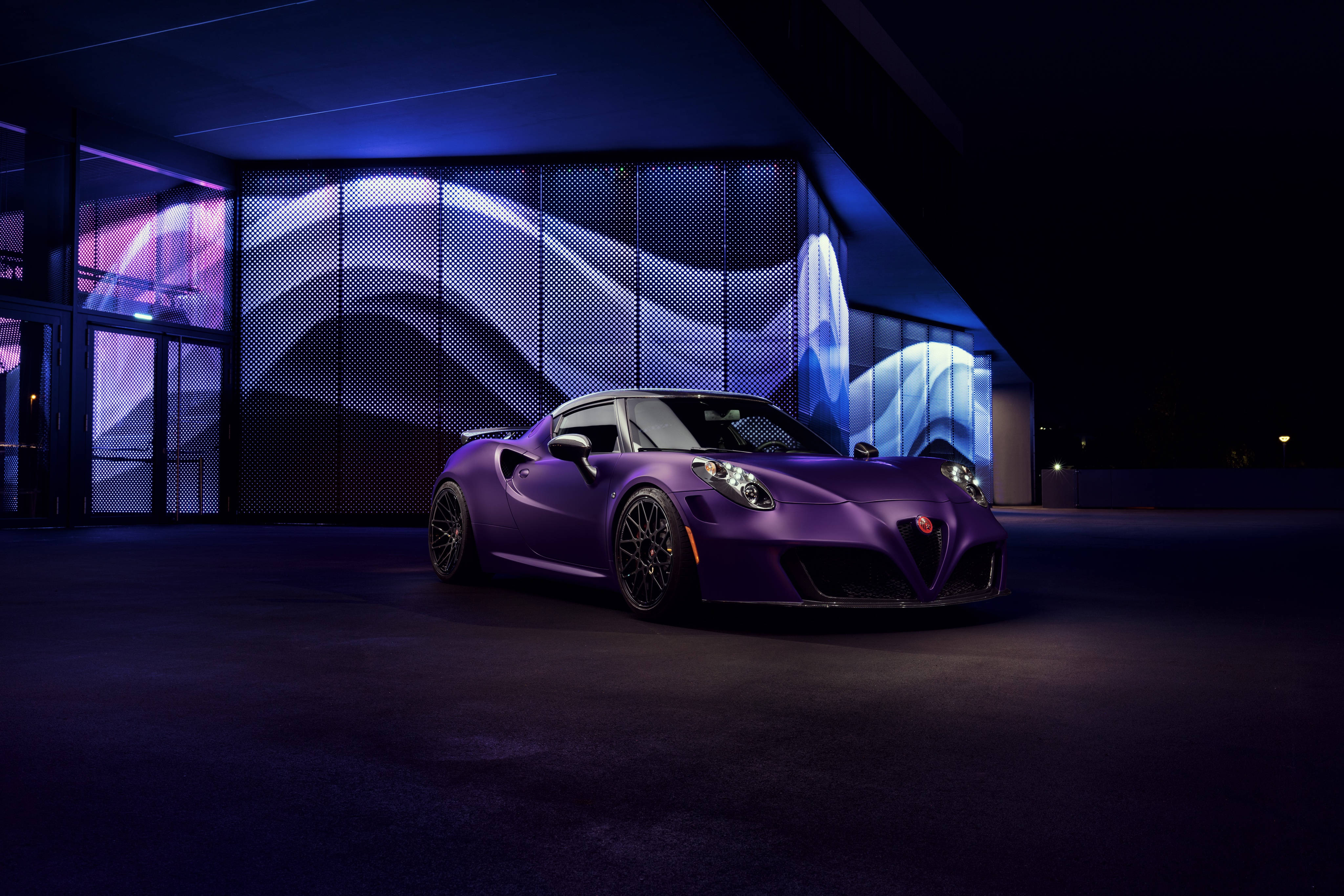 Alfa Romeo 4C, purple, neon lights, 4K Desktop Wallpaper