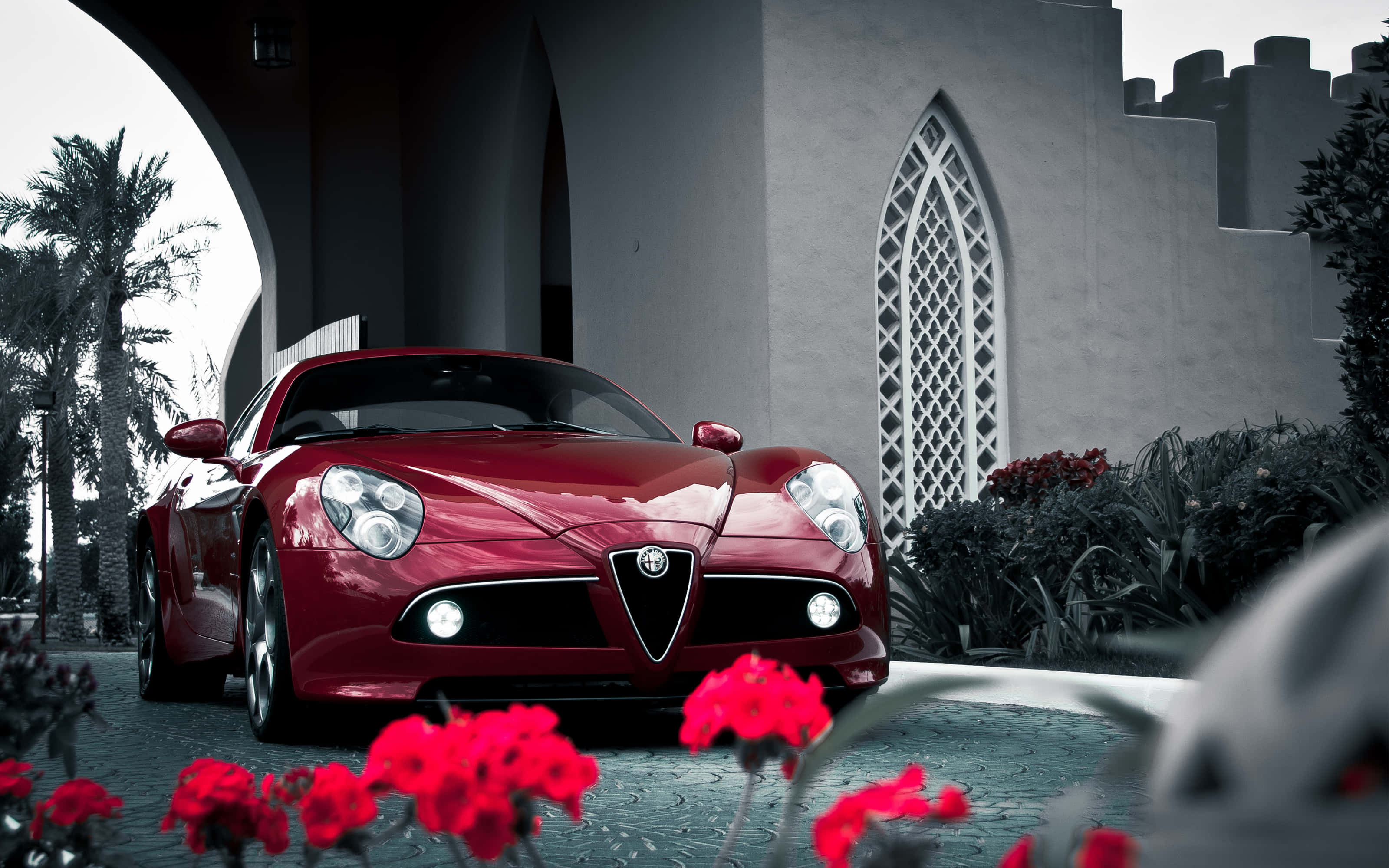 Alfa Romeo 8C Competizione, glossy red, stone archway, 2K Desktop Wallpaper