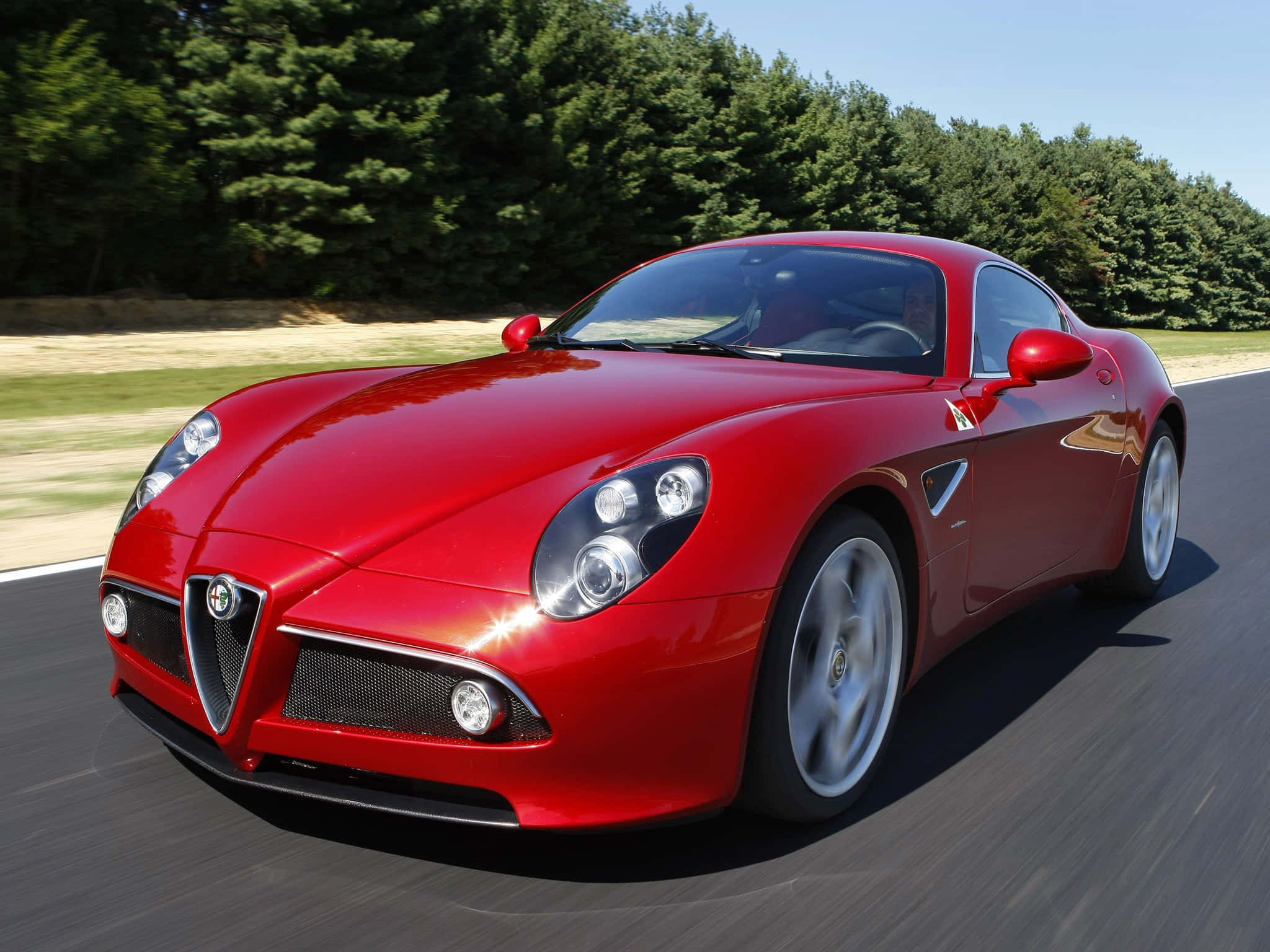 Alfa Romeo 8C Competizione, vibrant red, sunlit road, Full HD Desktop Wallpaper